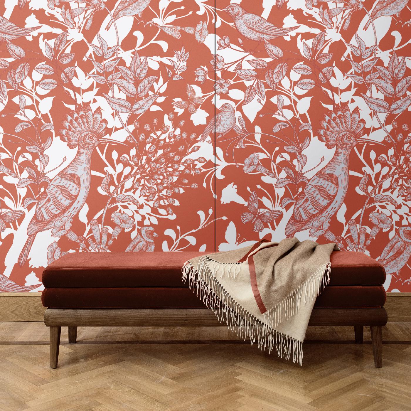 Part of the Hoopoe Birds collection and featuring a superb scene of birds, butterflies, and flowers depicted in red, all casting a white shadow on the red background, this eclectic wall covering will make a statement in any interior. It was crafted