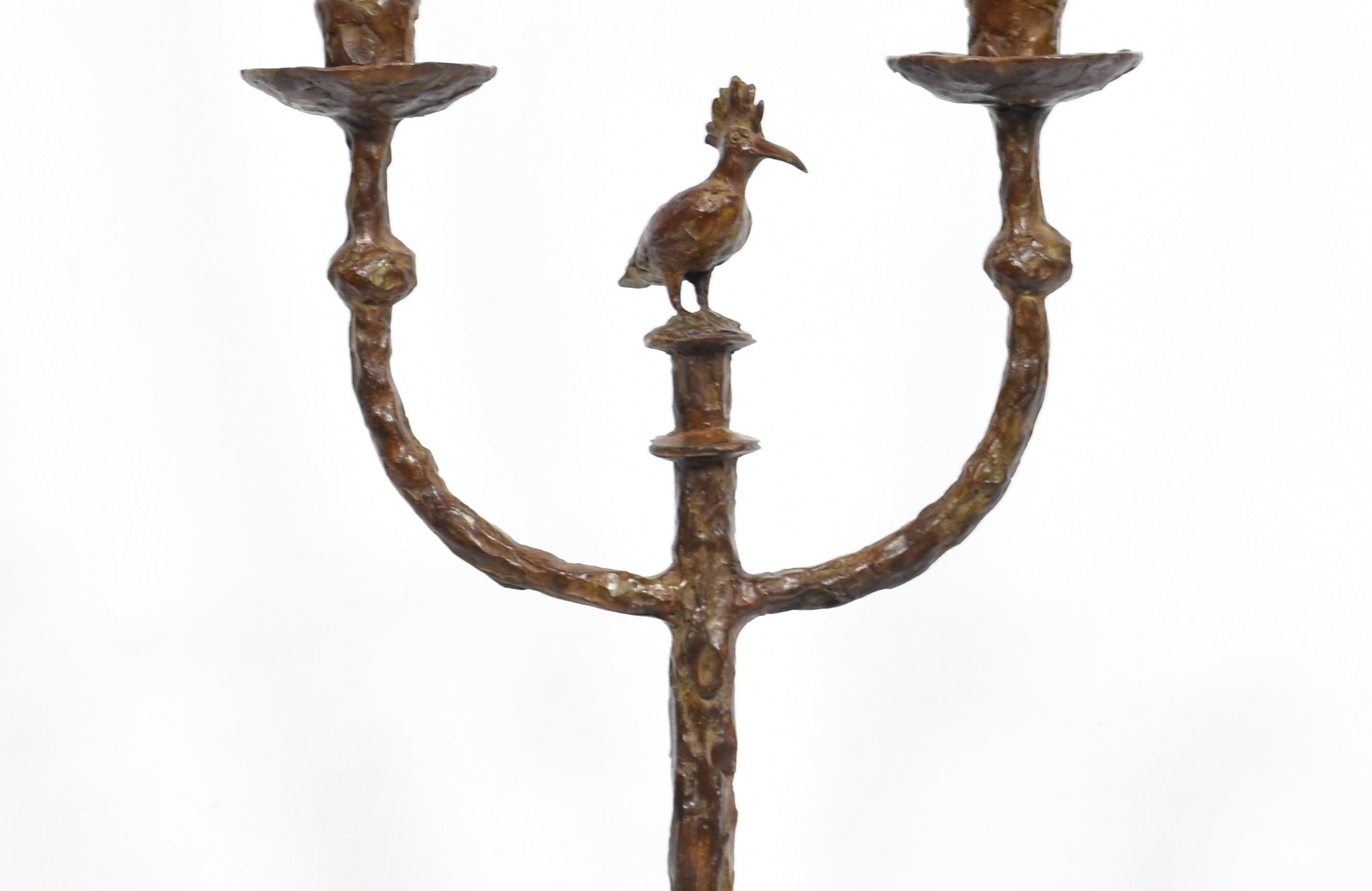 Rustic Hoopoe Candlestick in cast bronze featuring an African bird For Sale