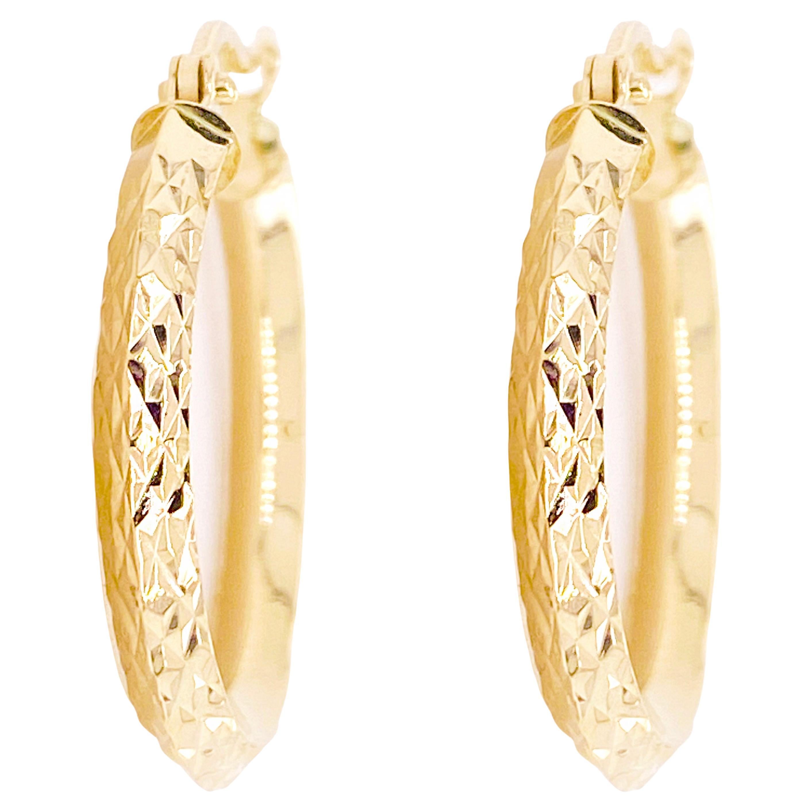 Hoops Earrings Diamond Cut 14 Karat Yellow Gold Sparkly Loop Earrings For Sale