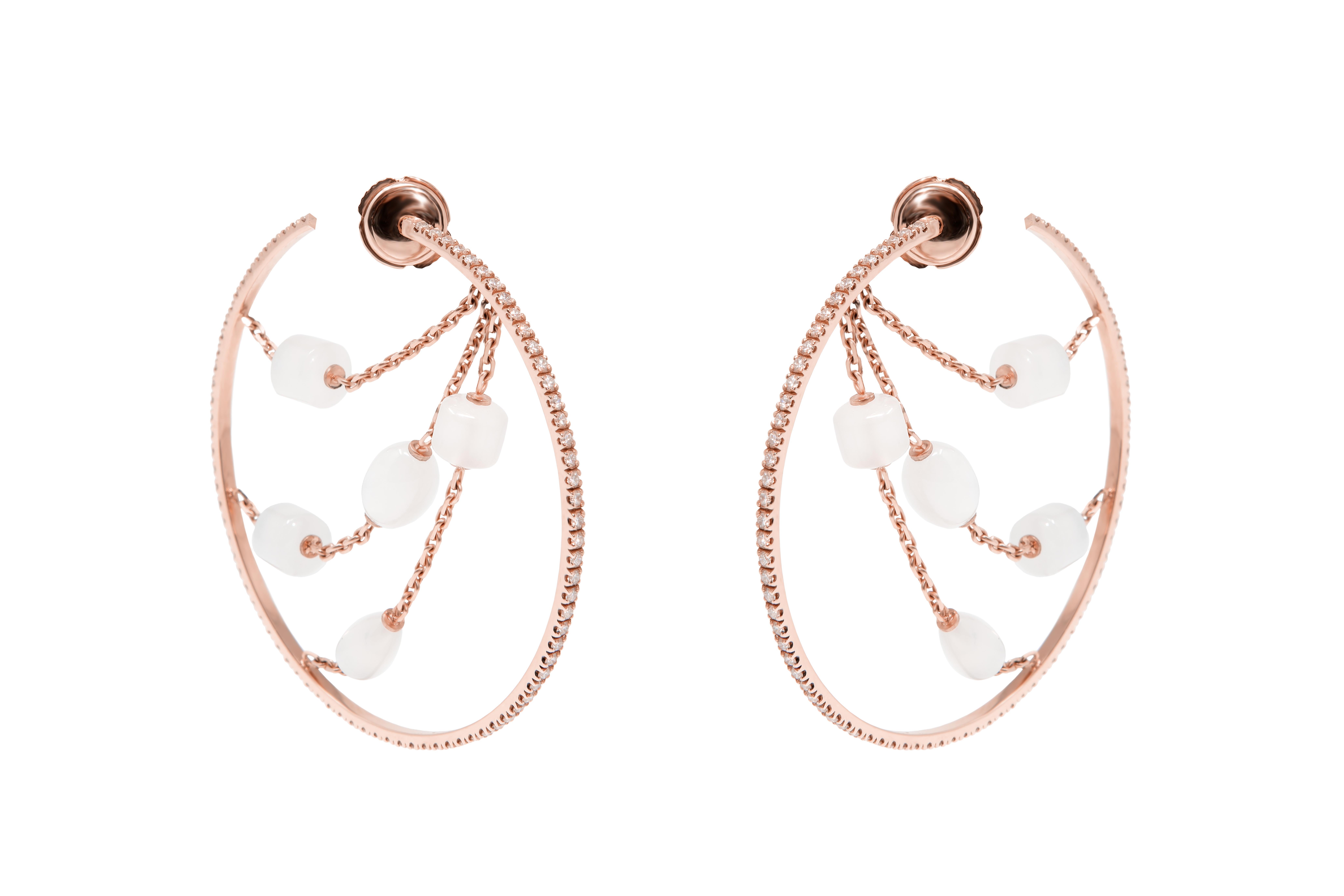 MOONSTONES Diamonds Rose Gold Hoops In New Condition For Sale In Miami, FL