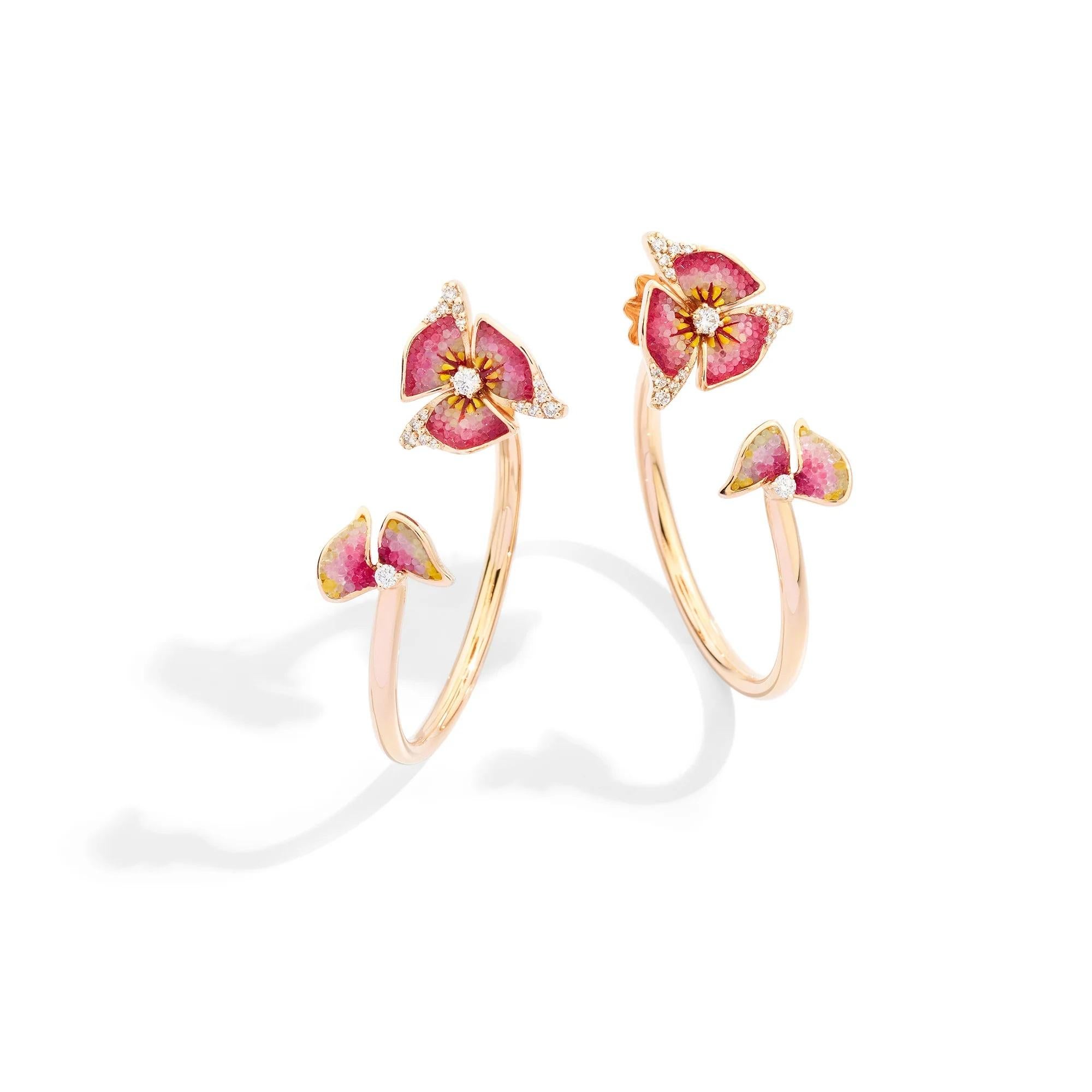 Hoops Earrings in Rose Gold with Hand Decorated Micromosaic and White Diamonds In New Condition For Sale In London, GB