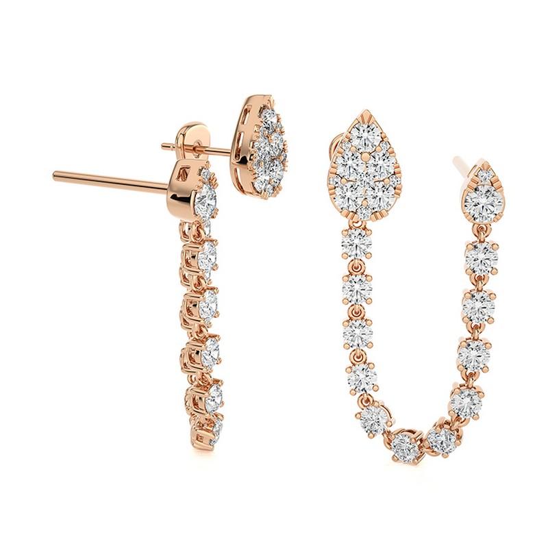 Modern 2.91 Ctw round diamonds Hoops & Huggies 14K Rose gold dandling Earrings For Sale