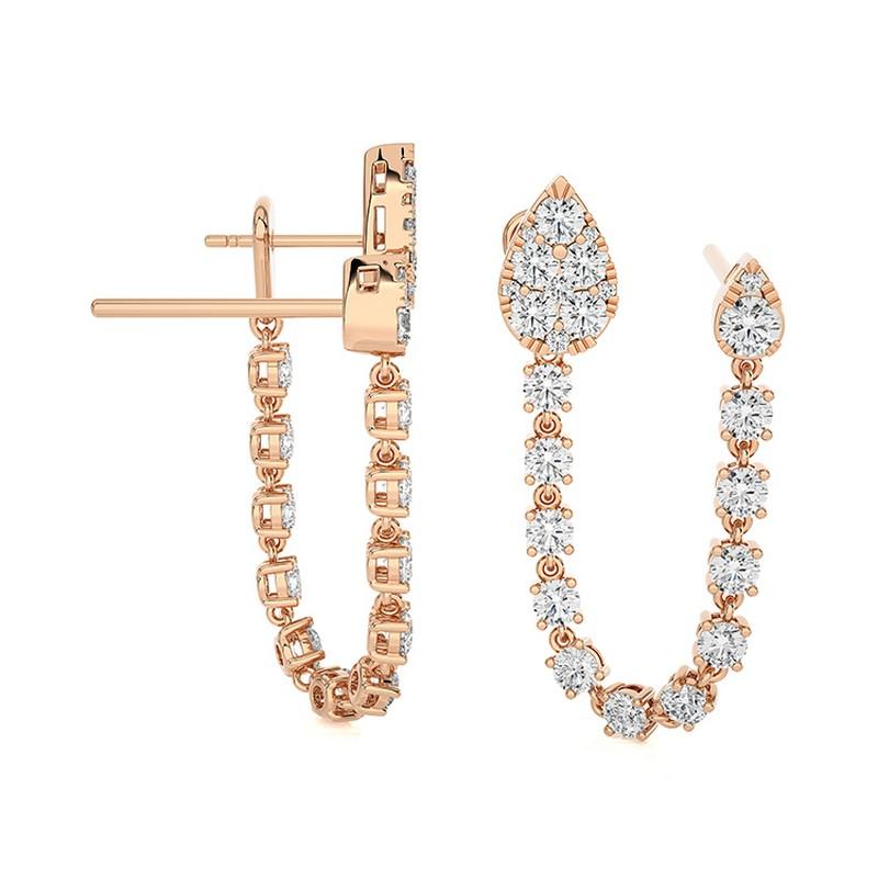 Round Cut 2.91 Ctw round diamonds Hoops & Huggies 14K Rose gold dandling Earrings For Sale