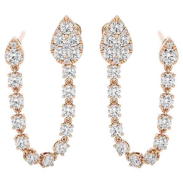 2.91 Ctw round diamonds Hoops & Huggies 14K Rose gold dandling Earrings