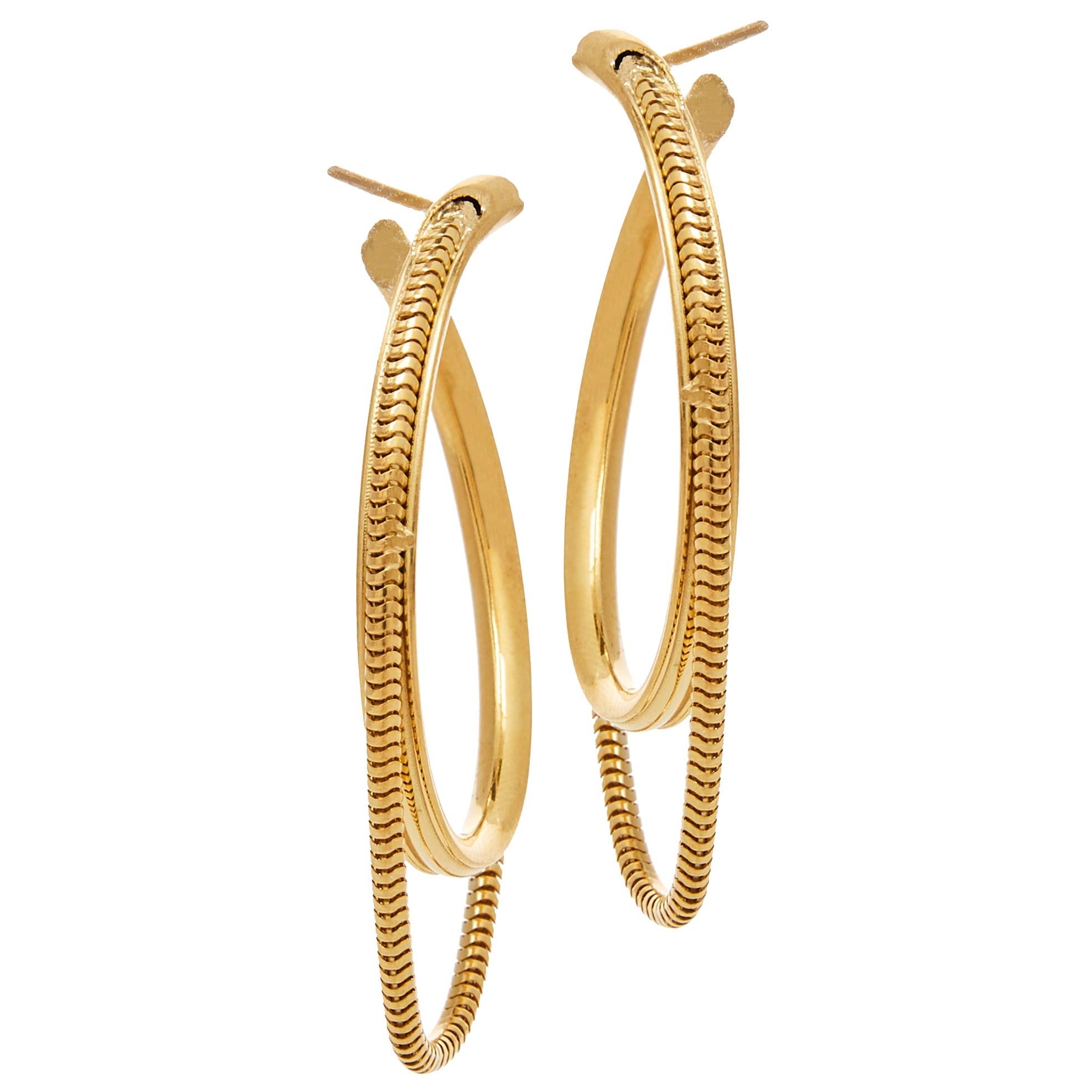 Hoops Medium Minimal Round with Snake Chain Gold-Plated Silver Greek Earrings For Sale