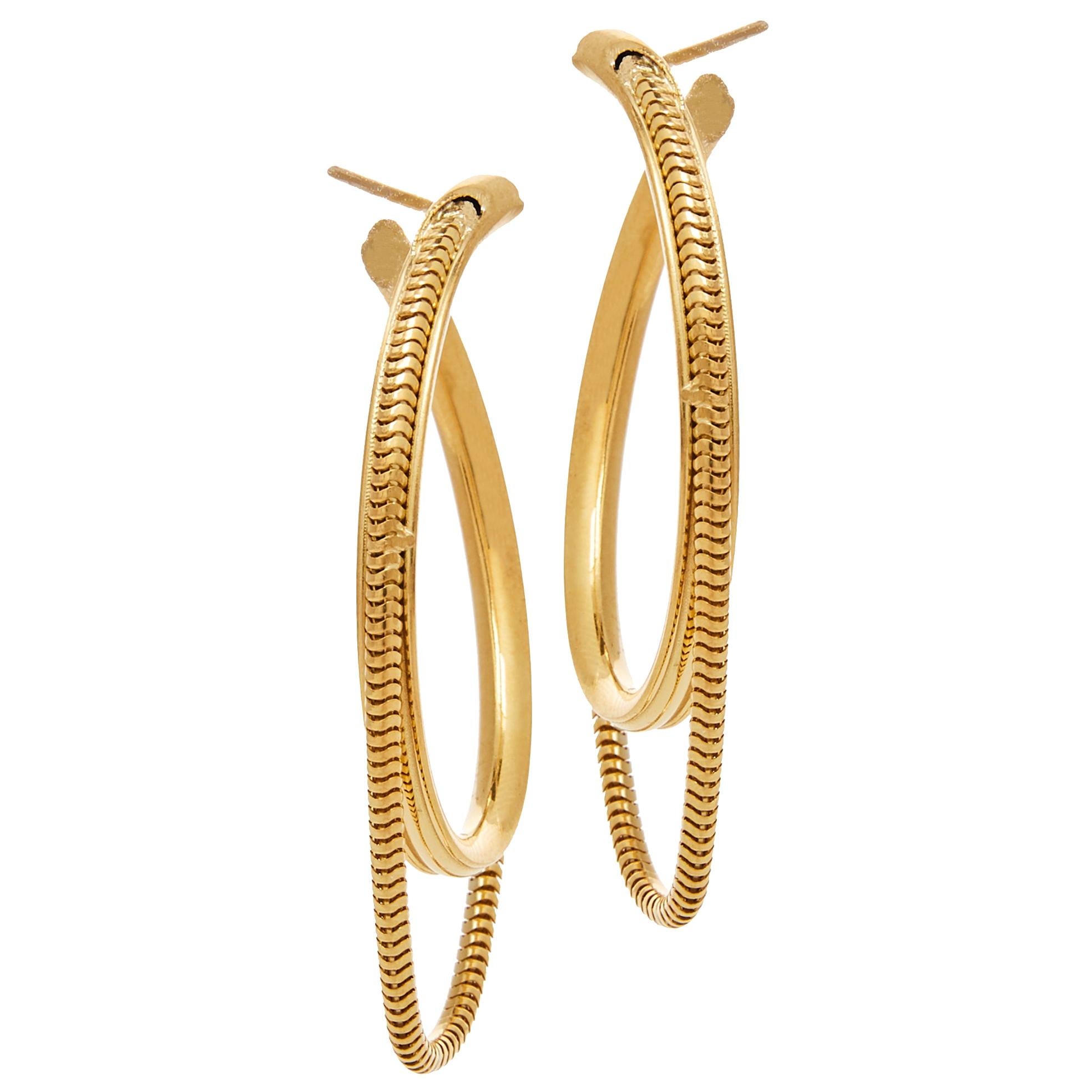 14 K Solid Gold Round Hoop Minimal Large Snake Chain Greek Earrings For