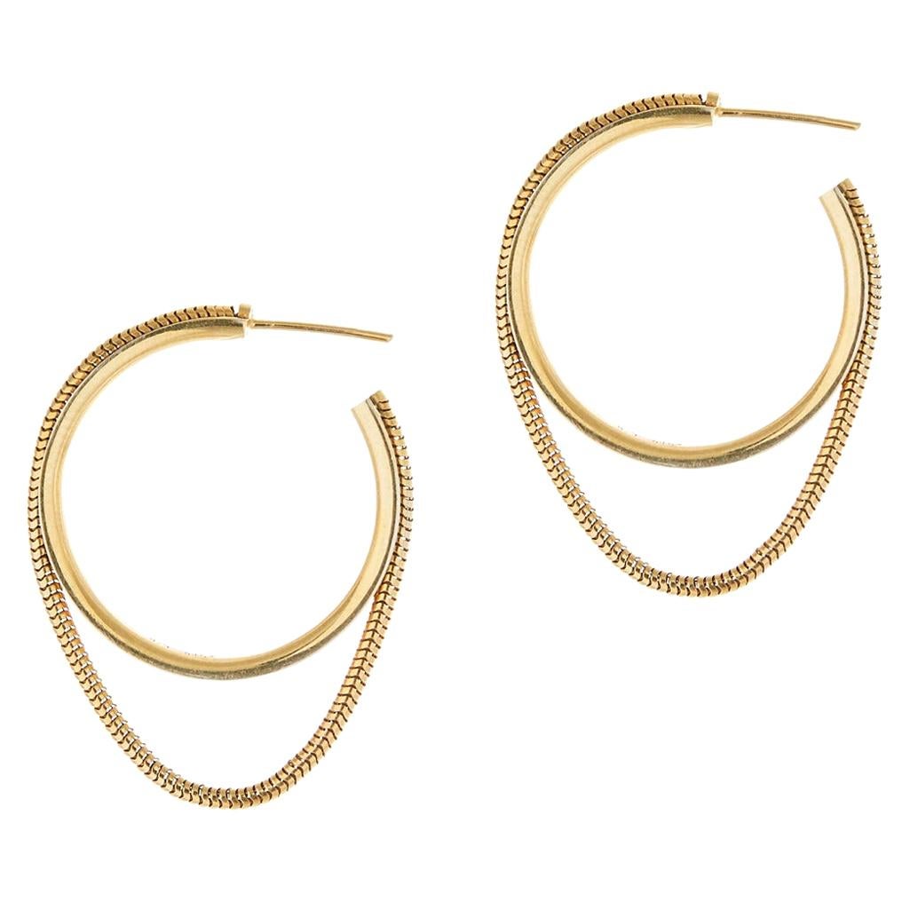 14 K Solid Gold Snake Chain Small Hoops Motion Minimal Small Greek Earrings For Sale