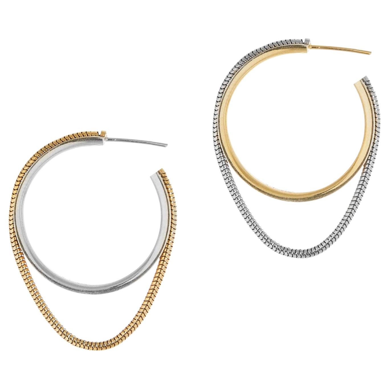 Hoops Silver 18 Karat Gold-Plated Mixed Metals Snake Chain Small Greek Earrings For Sale