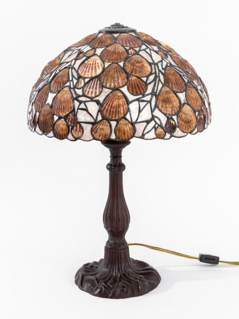 Hoosin Style Seashell and Mother of Pearl Table Lamp, umbrella form shade with patinated metal column base, late 20th century.