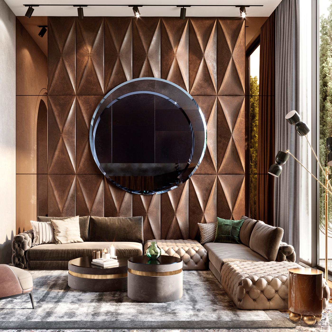 Coffee table with a clean cylindric line, upholstery in nubuck embellished with a metal insert in the new copper finish. The top is proposed in black lacquered glass. The surprise effect is created by the openable top that contain a lacquered bottle