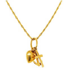 Hope, Faith, Charity Charms Cross Anchor Heart Necklace, 14 Karat Yellow Gold