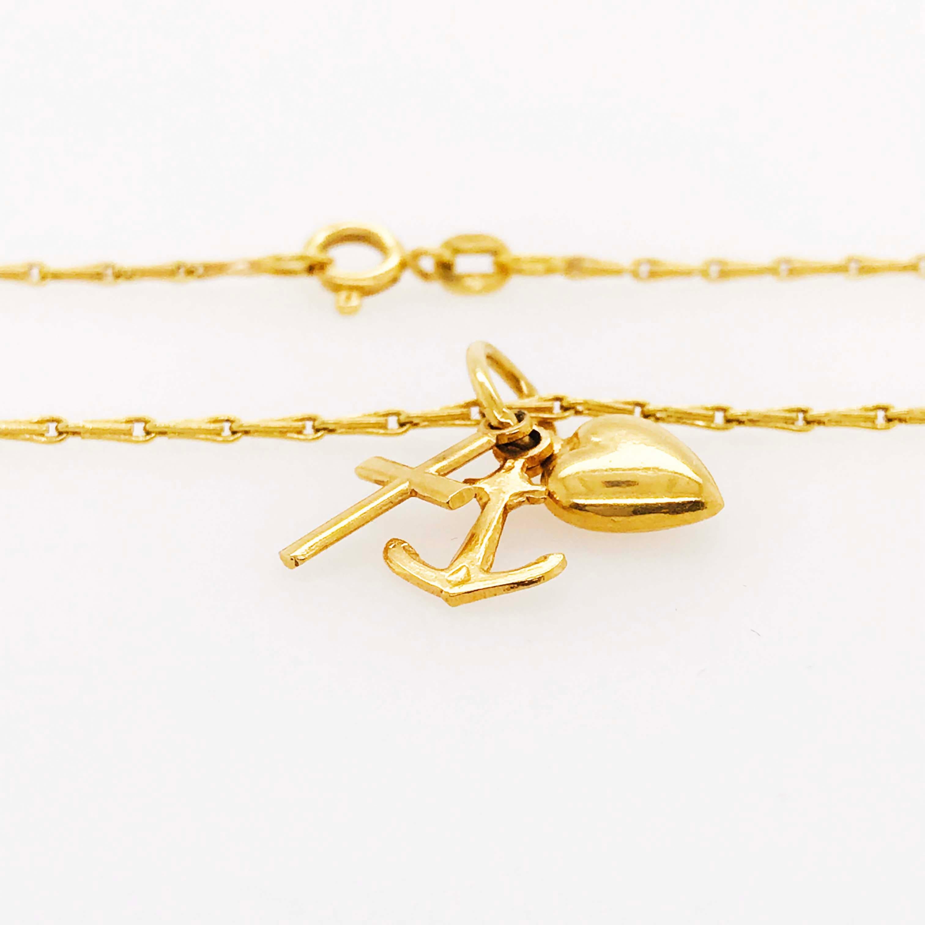 Modernist Hope, Faith, Charity Charms Cross Anchor Heart Necklace, 14 Karat Yellow Gold