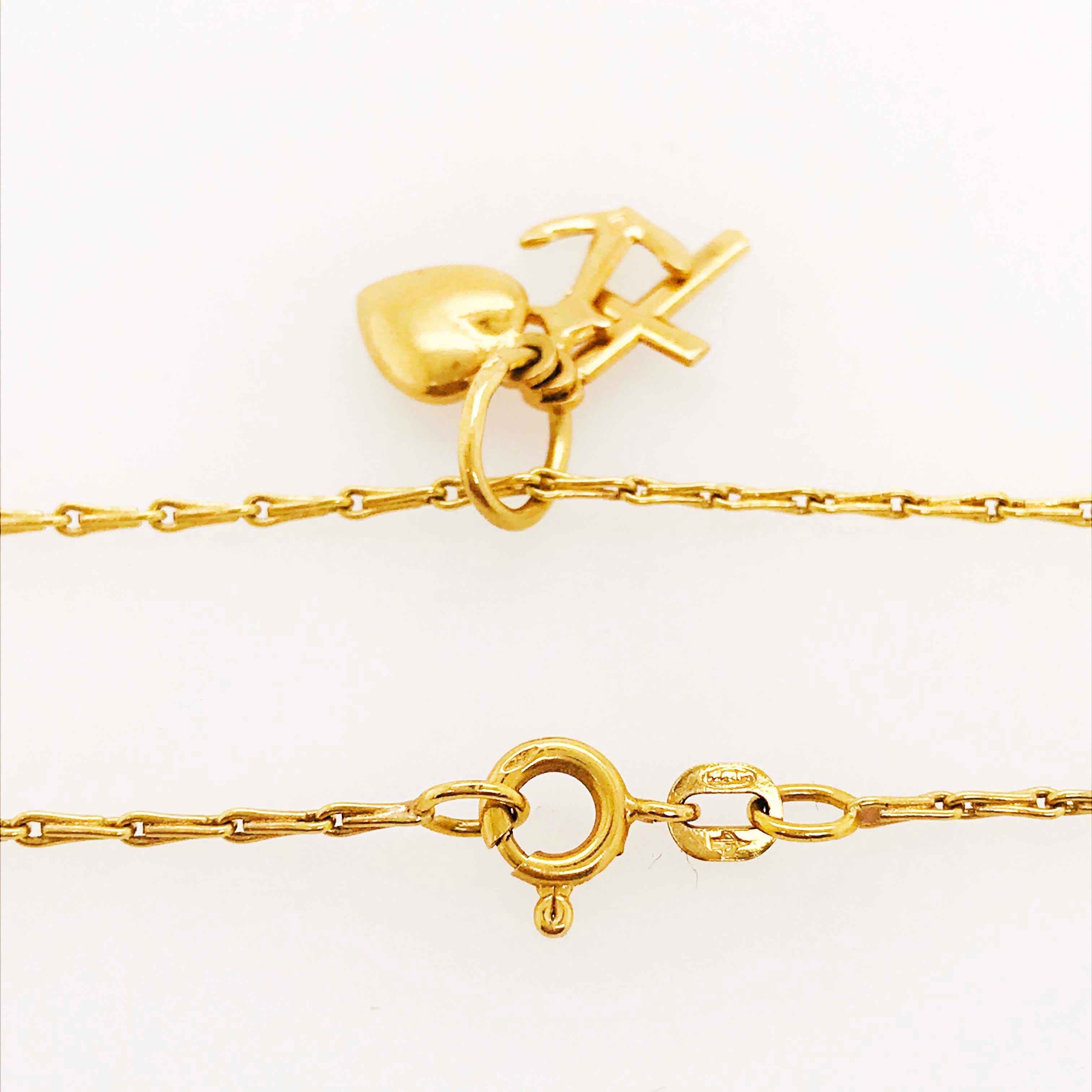 Women's or Men's Hope, Faith, Charity Charms Cross Anchor Heart Necklace, 14 Karat Yellow Gold