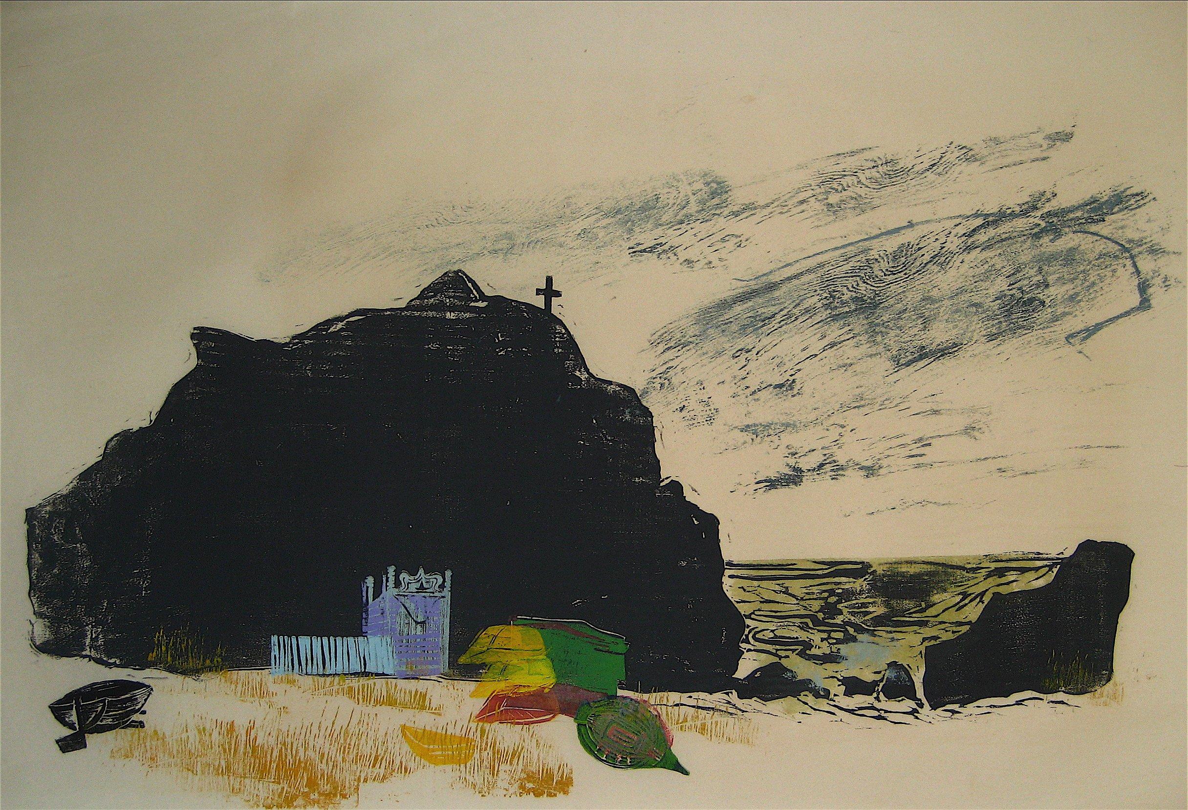 Hope Meryman Landscape Print - Coastal Scene with Rocks & Hills 1960s Woodcut Original Print