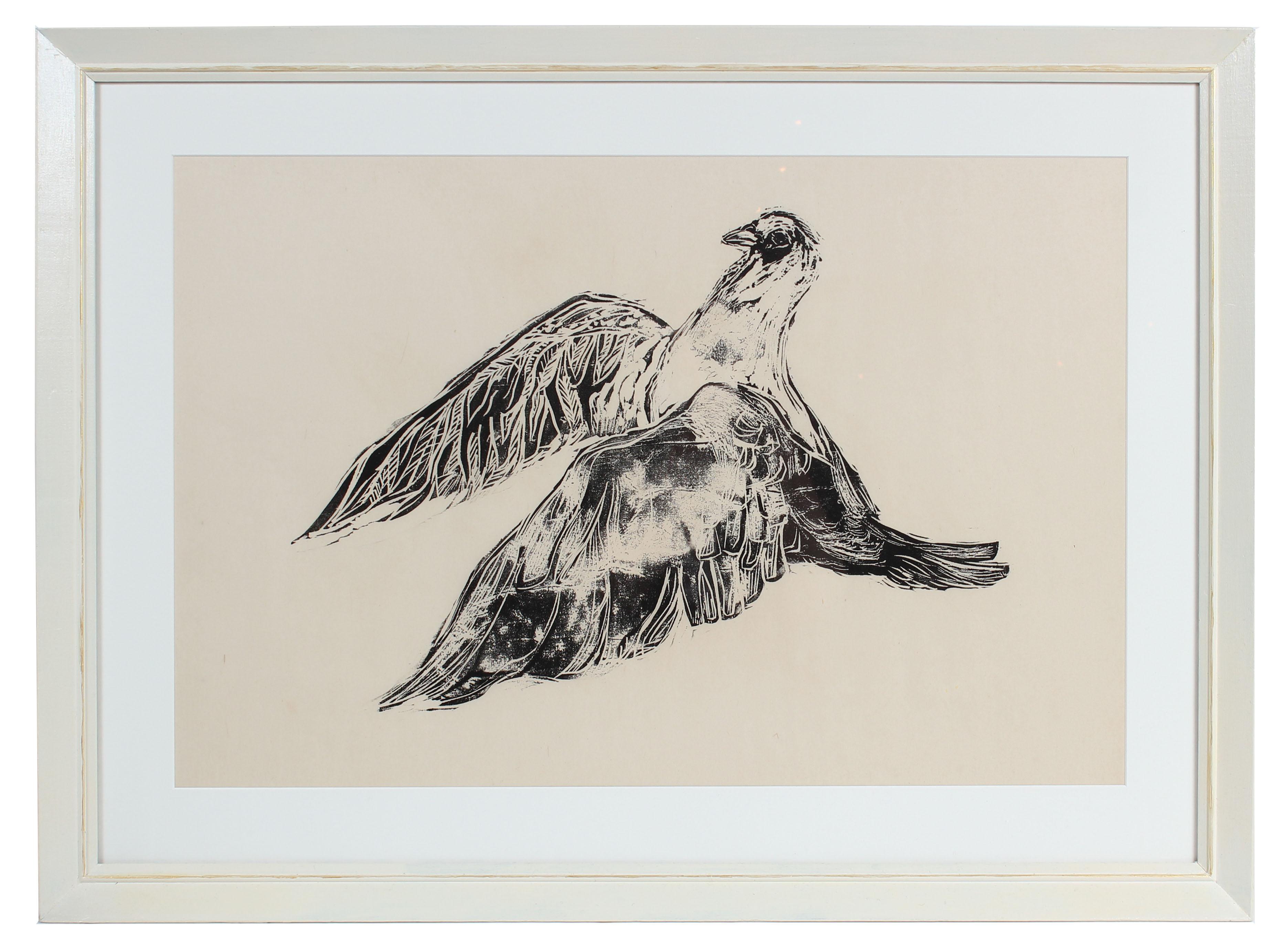 Hope Meryman Animal Print - "Dove" Monochromatic Bird Woodcut, 1960s