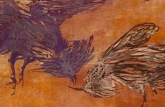 "The Cock Fight" 1963 Woodcut in Burnt Orange and Maroon