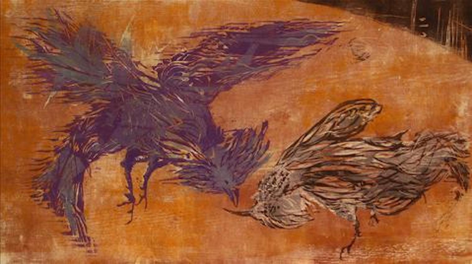 "The Cock Fight" 1963 Woodcut in Burnt Orange and Maroon