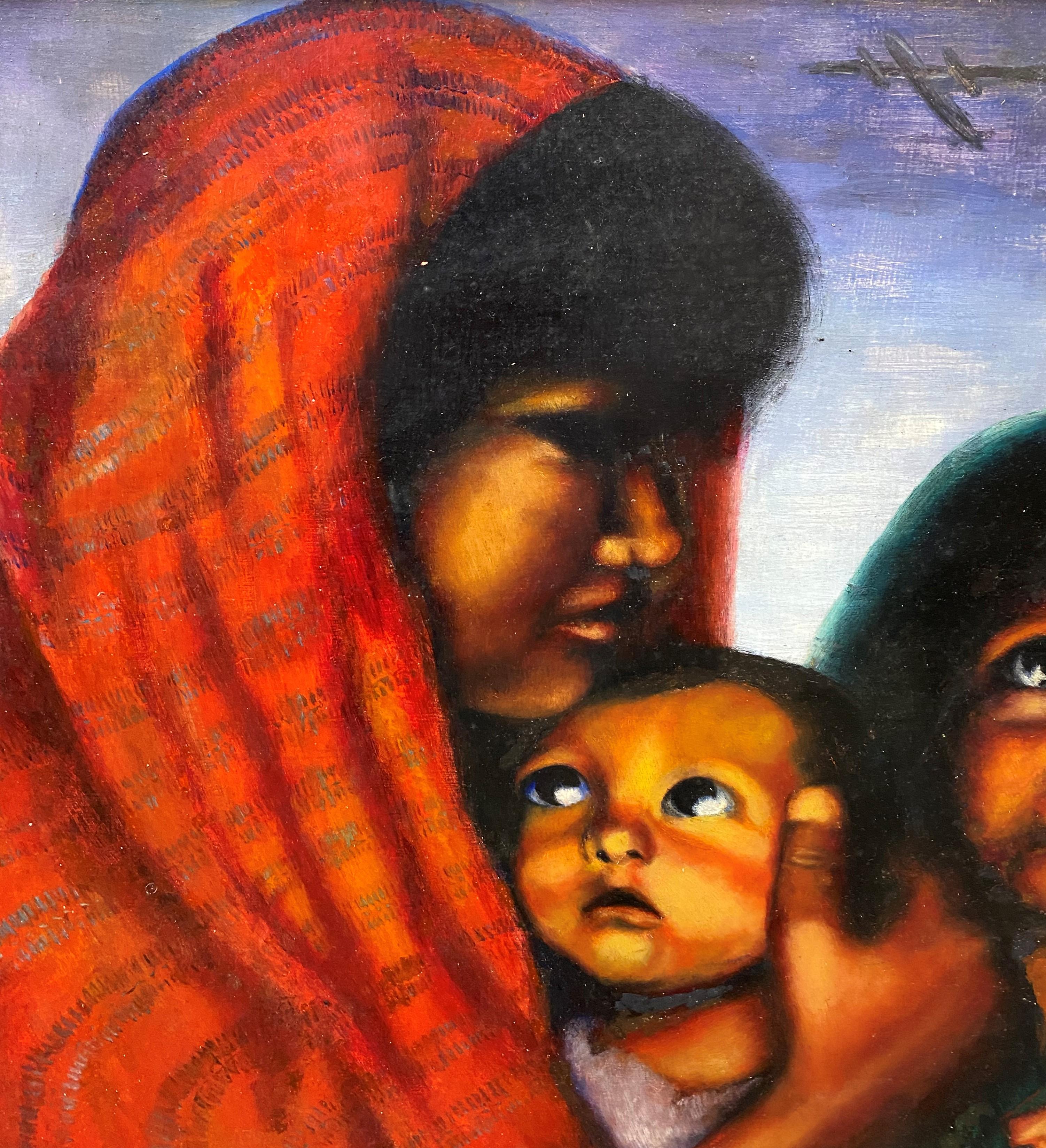 Une belle peinture à l'huile figurative représentant une mère et trois enfants au regard inquiet alors que des avions militaires les survolent, réalisée par l'artiste américaine Hope Shipee Bunin (1908-1970). Bunin était une artiste autodidacte qui