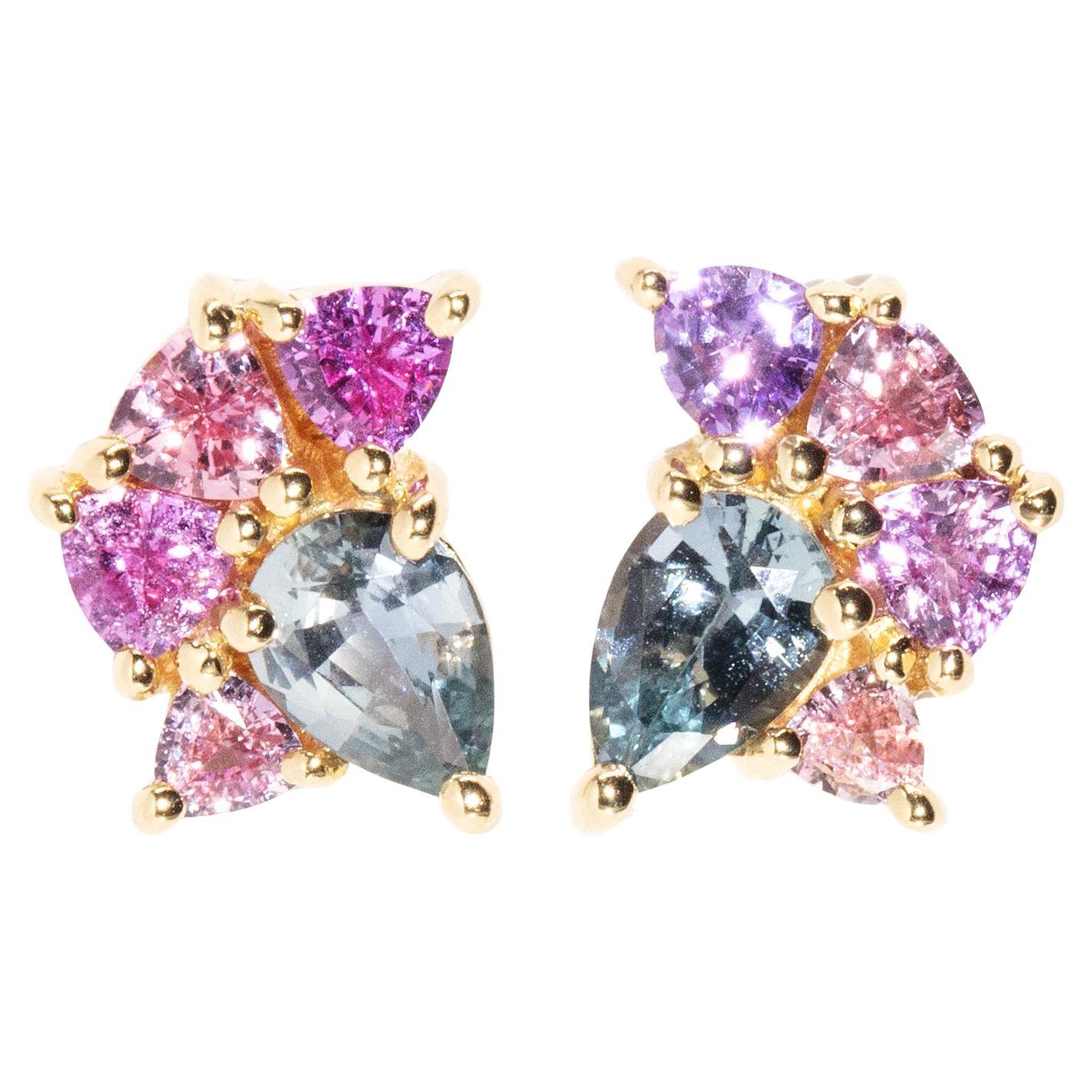 "Hope's Embrace" 2.55 Carat Ceylon Sapphire Cluster Studs 18 Carat Yellow Gold For Sale