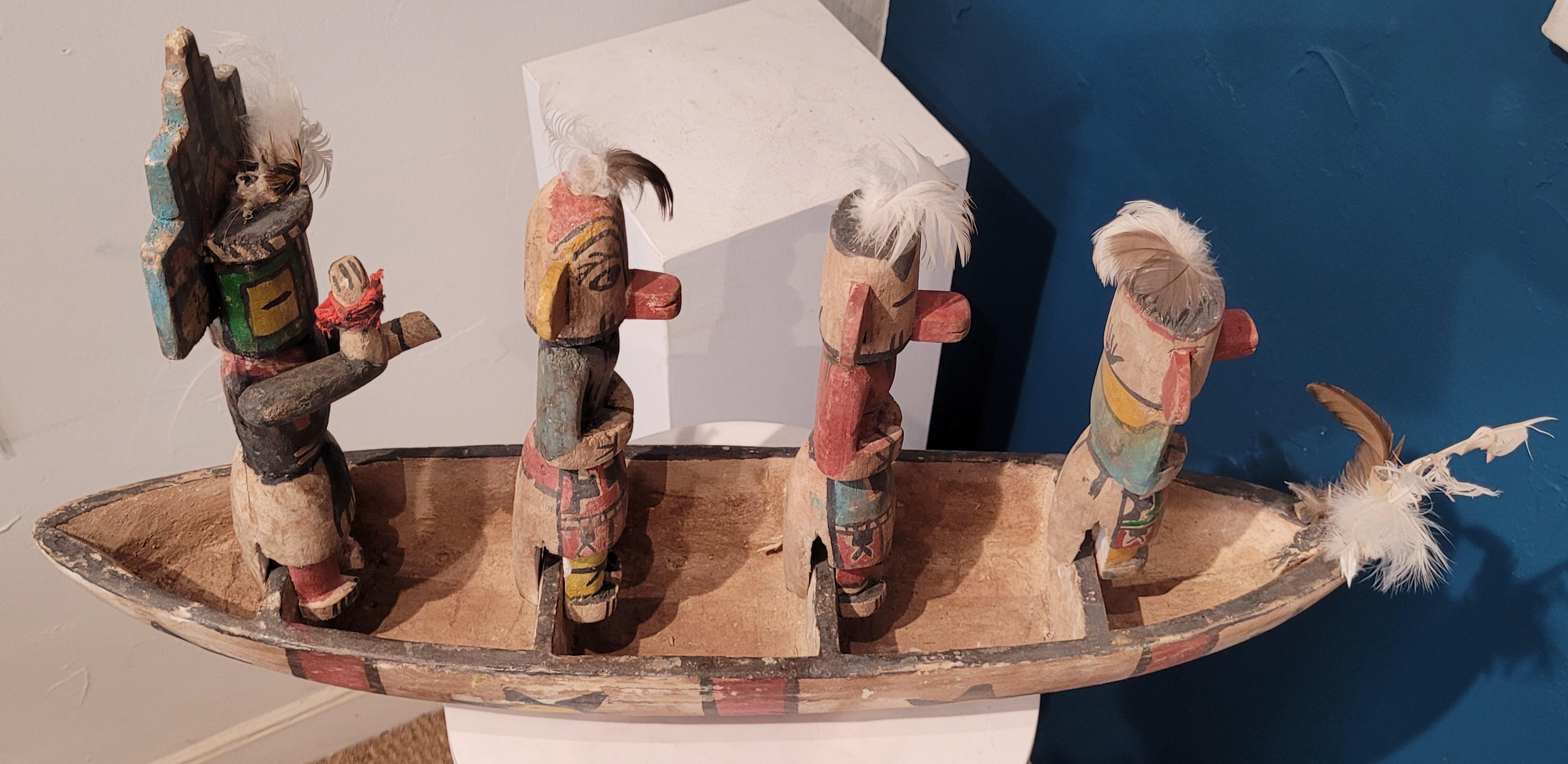 Group of Four Native North American Hopi Katsina (Kachina) Dolls in Canoe.. For Sale 5