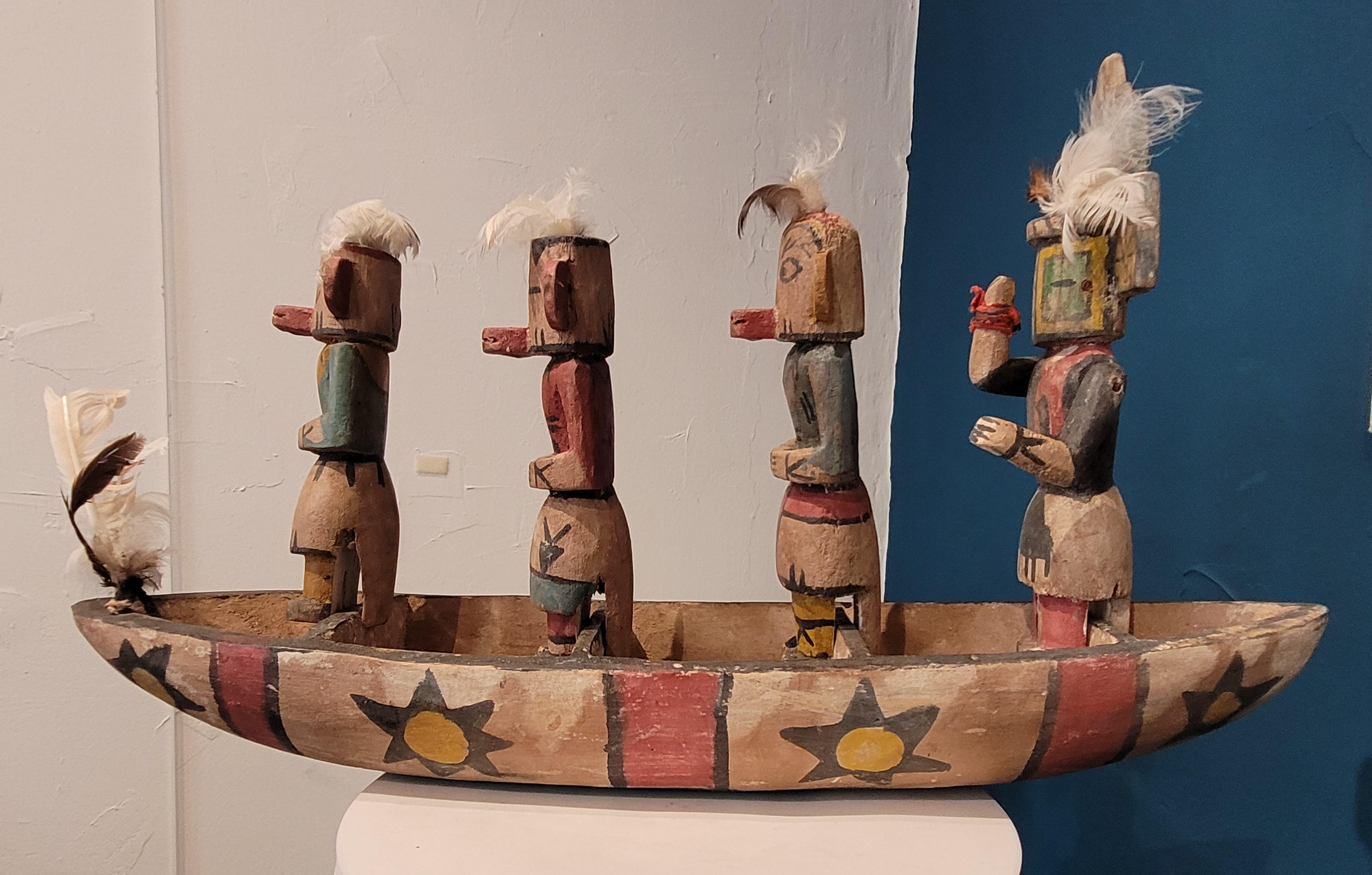 Group of Four Native North American Hopi Katsina (Kachina) Dolls in Canoe.. For Sale 1