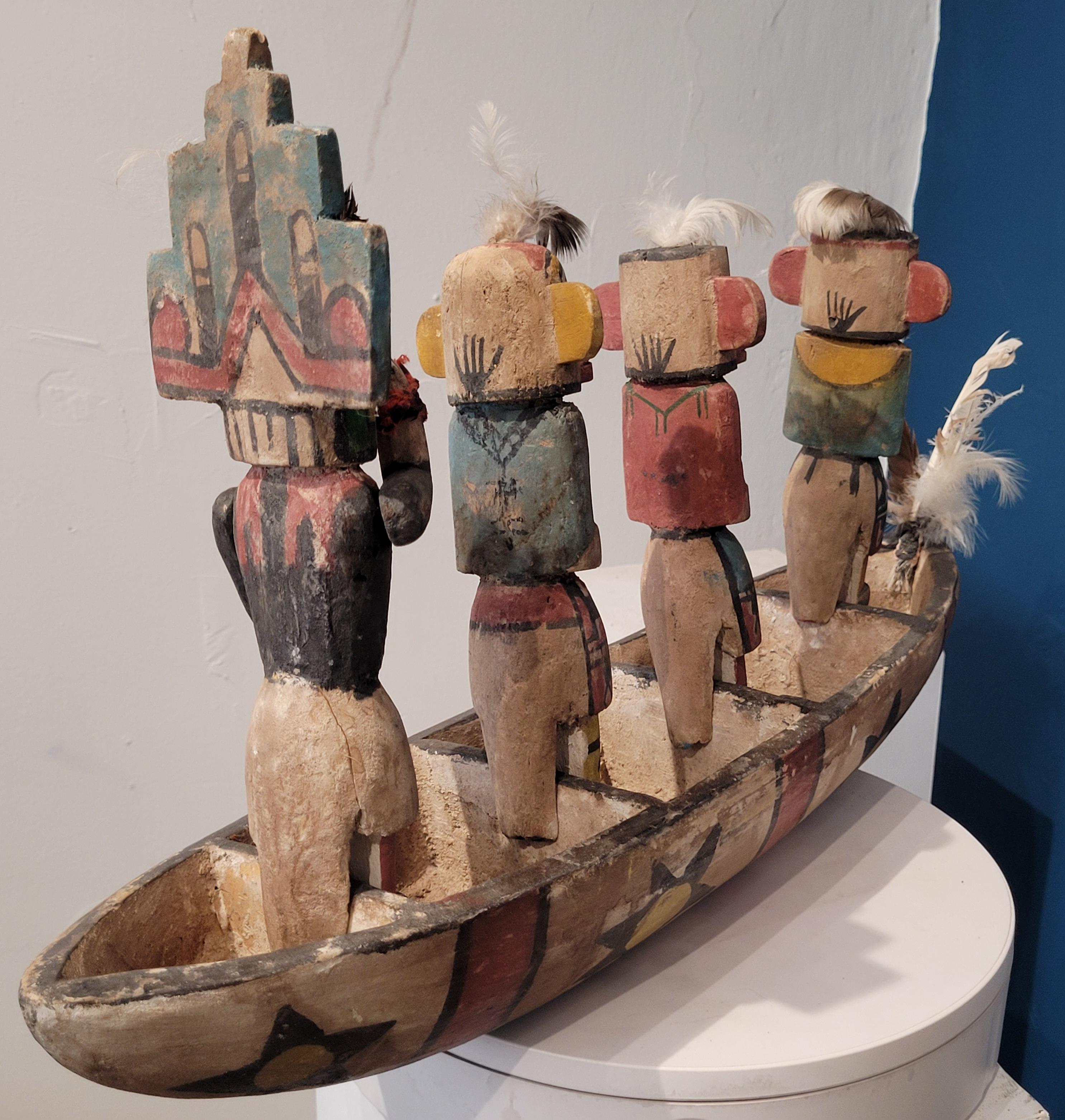 Group of Four Native North American Hopi Katsina (Kachina) Dolls in Canoe.. For Sale 2