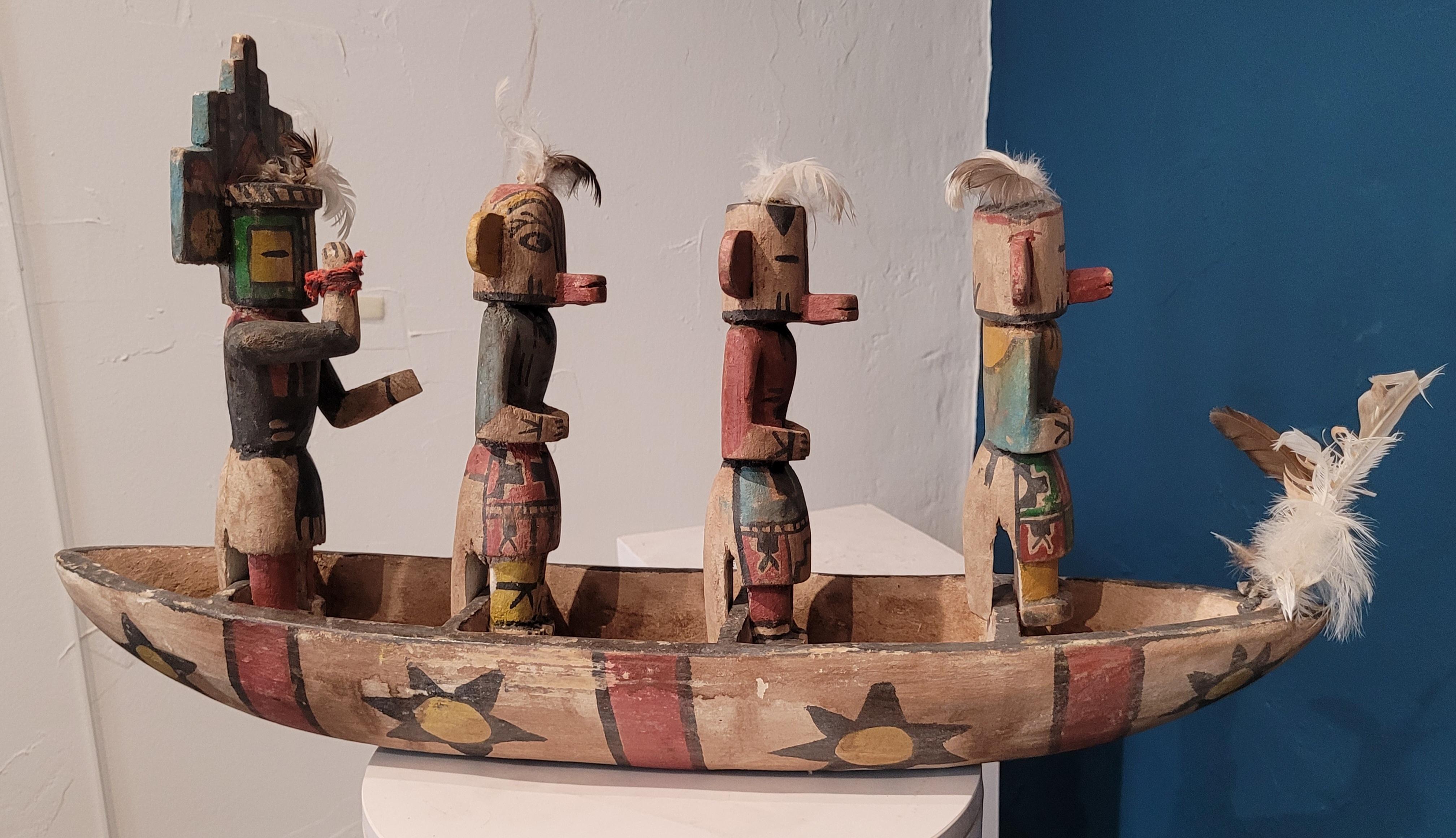 Group of Four Native North American Hopi Katsina (Kachina) Dolls in Canoe.. For Sale 3