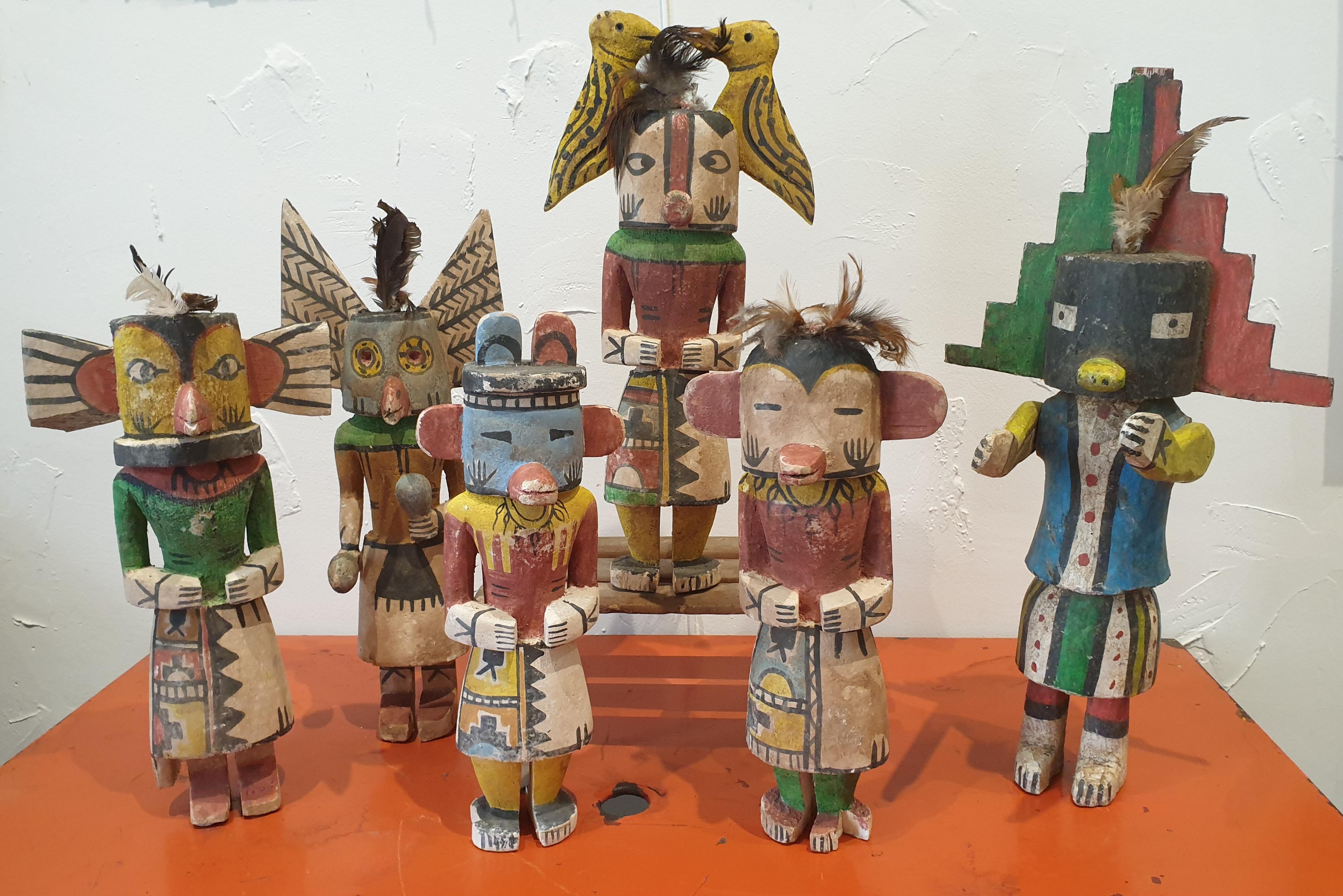 Hopi Craftsmen Figurative Sculpture - Group of Six Native North American Hopi Katsina (Kachina) Dolls.