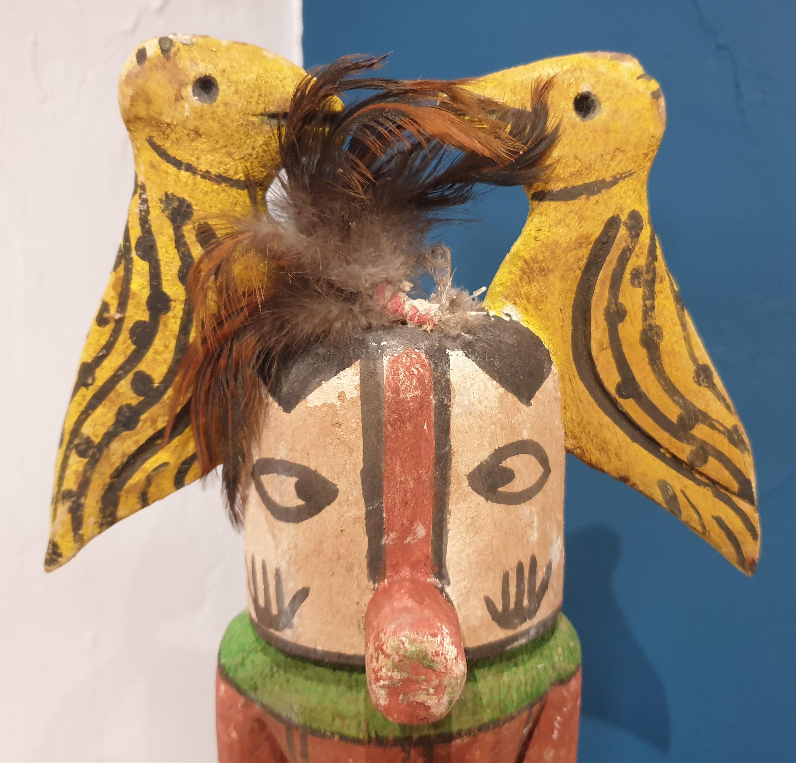 Native North American carved wood and painted effigy figure, Hopi Katsina or Kachina doll. 

Hopi Katsina dolls are wooden effigies of the Katsinam (plural), or benevolent spirit beings, who visit the Hopi for about half of every year. Traditionally