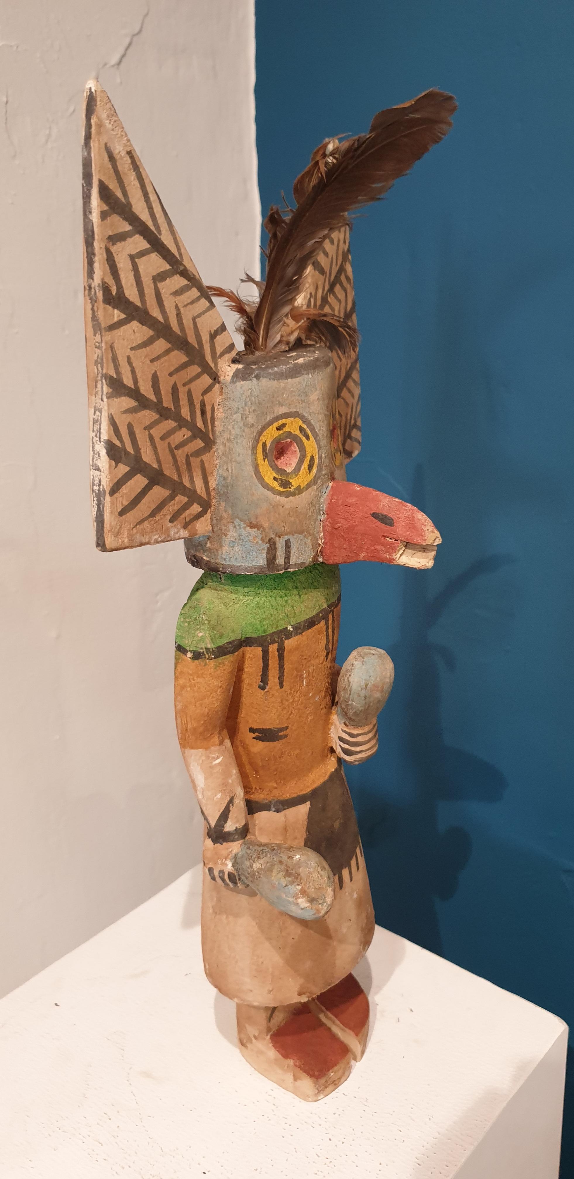 Native North American carved wood and painted effigy figure, Hopi Katsina or Kachina doll. 

Hopi Katsina dolls are wooden effigies of the Katsinam (plural), or benevolent spirit beings, who visit the Hopi for about half of every year. Traditionally
