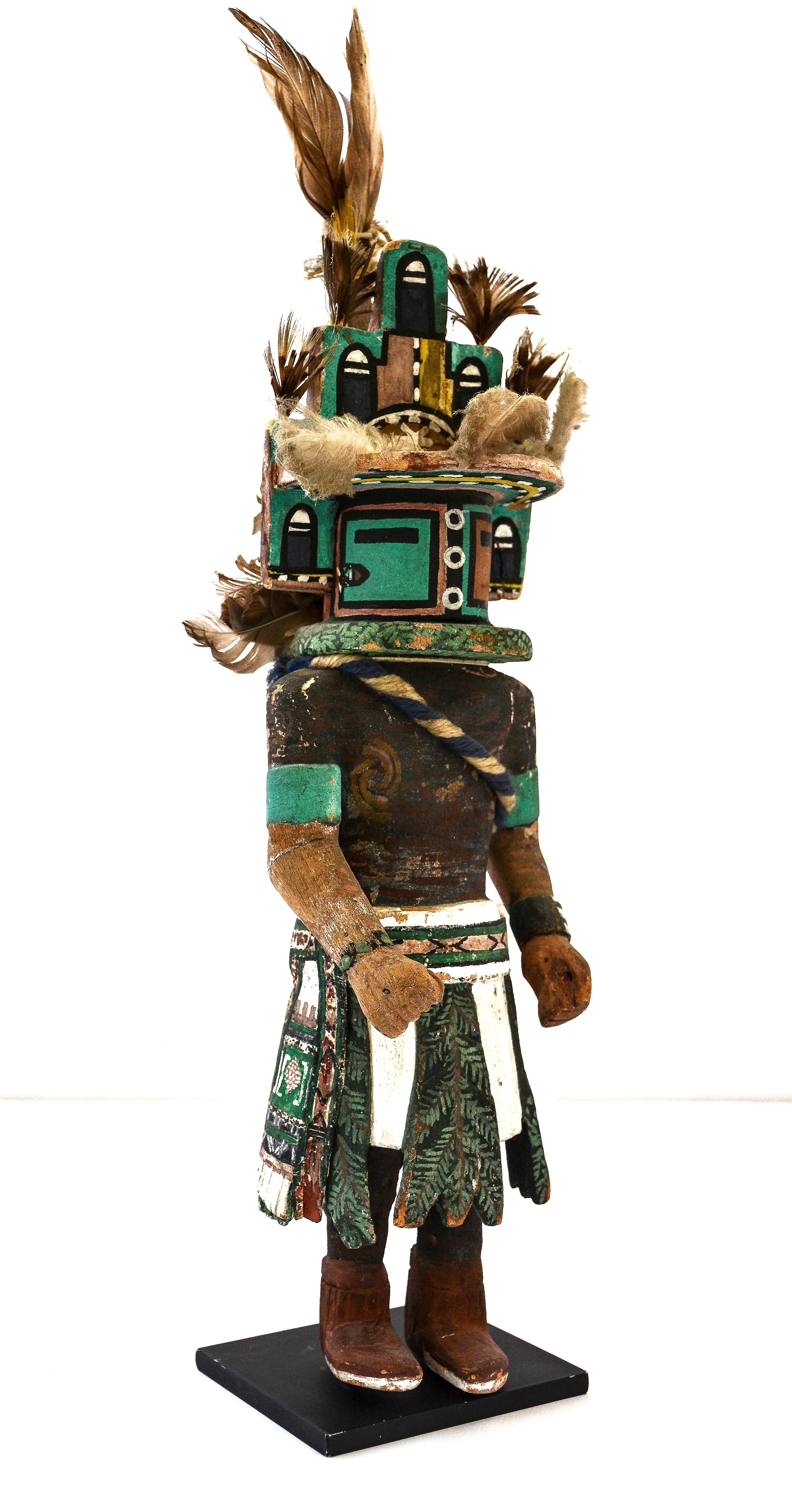 Hemis Katsina

Hopi

1940

Cottonwood root, mineral pigments, spun wool, feathers. Excellent original condition overall.

An extraordinary example of the Hopi Hemis Katsina, complete with a feathered Prayer Stick on back of Katsina.

Katsina dolls