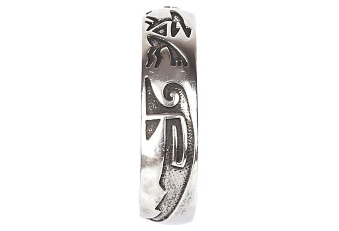 1960s Native American Hopi handmade etched sterling silver bracelet. Unsigned. Interior, 7