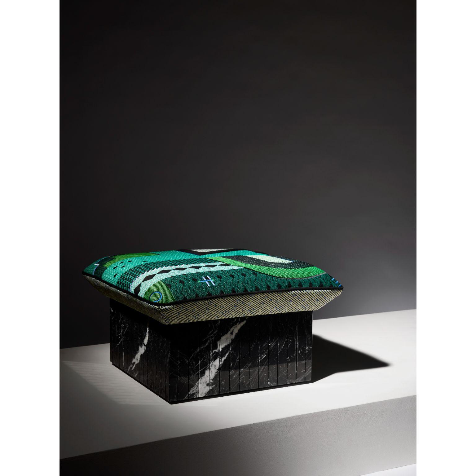 Hopi ottoman green pattern by Marta Bakowski.
Dimensions:D 65 x W 65 x 44 cm.
Materials: marble and fabric.
Also available in different finishes.

HOPI, this new collection of ottomans inspired by Native American Indian culture, is made of a very