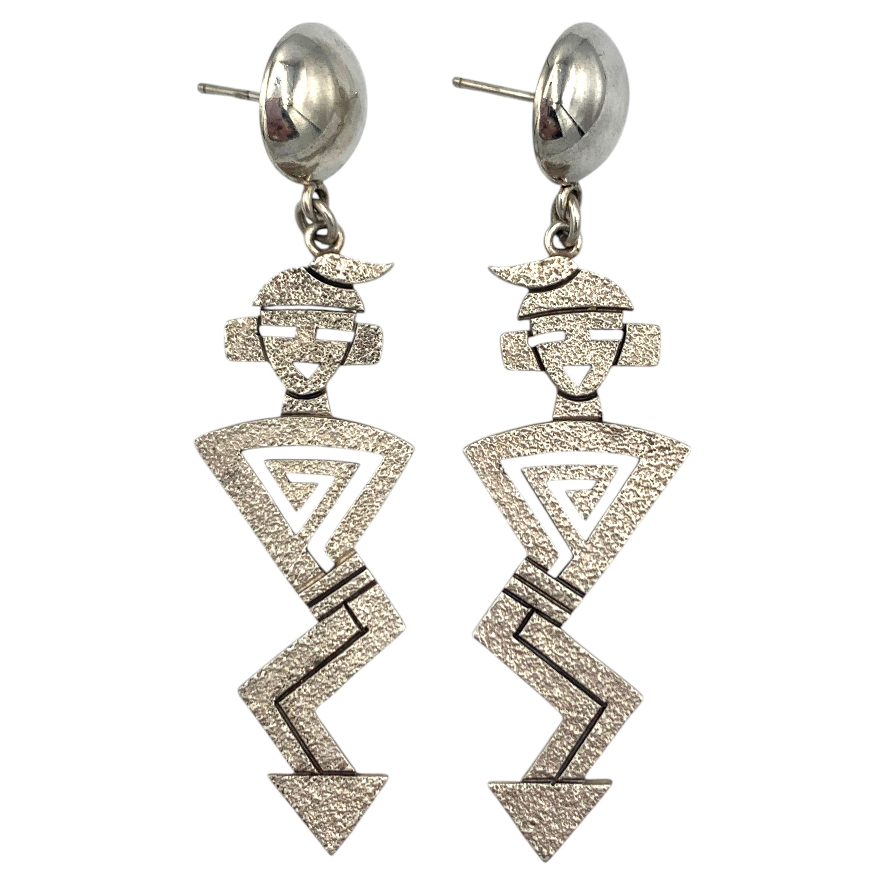 Hopi Sterling Silver Tufa Cast Dangle Post Earrings by Roy Talaheftewa For Sale