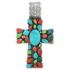 Vintage Hopi Stone-Set Sterling Cross by Marcus Yowytewa