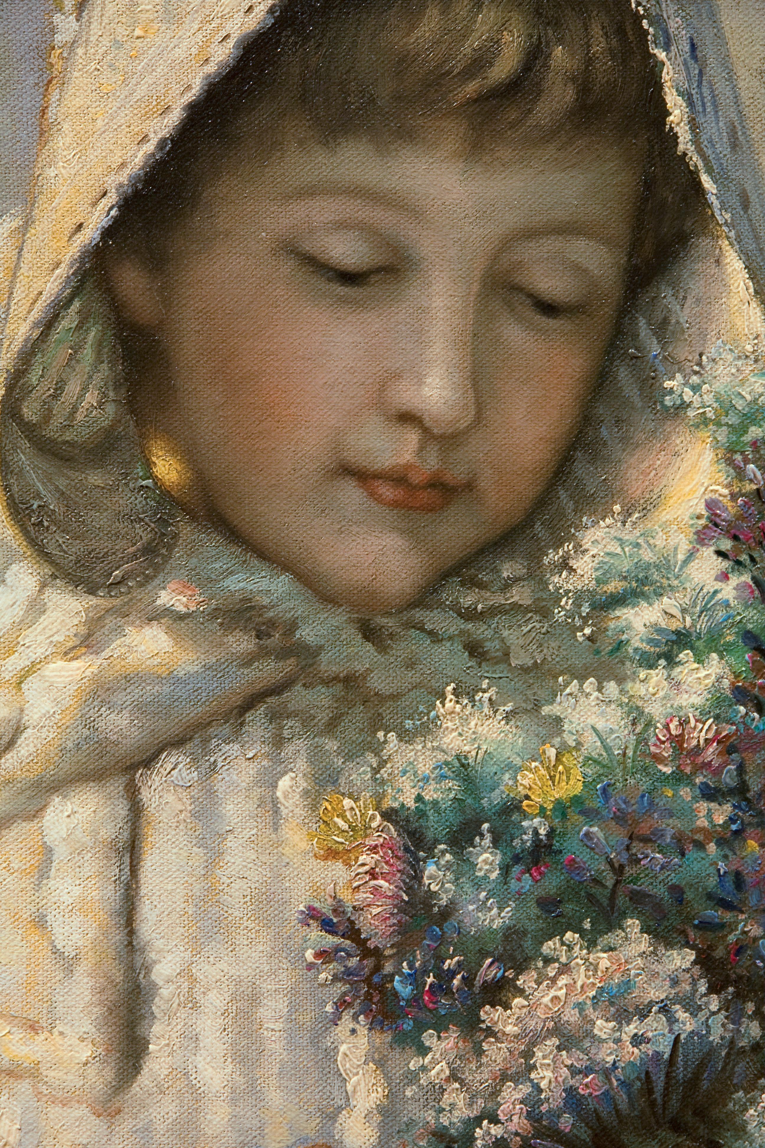 Mädchen mit Blumenstrauß  – Painting von Hopkins Horsley