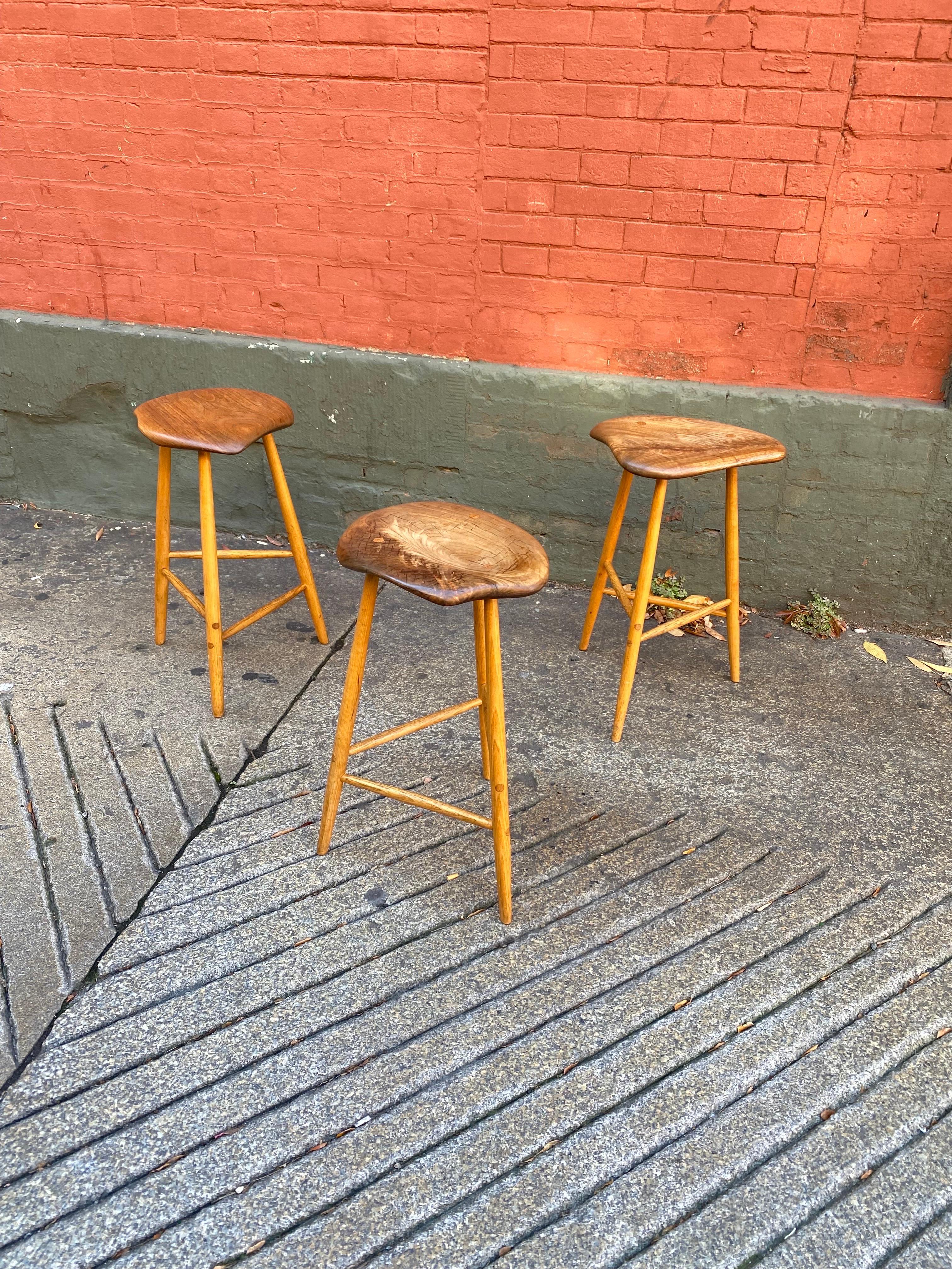 Set of 3 Horace B. Hartshaw Three-legged Stools.  Two date to 1986 and the 3rd was commissioned in 1993.  All signed on bottom.  Hartshaw was a student of Wharton Esherick.  These are beautifully made and completely solid and ready for use!  Show