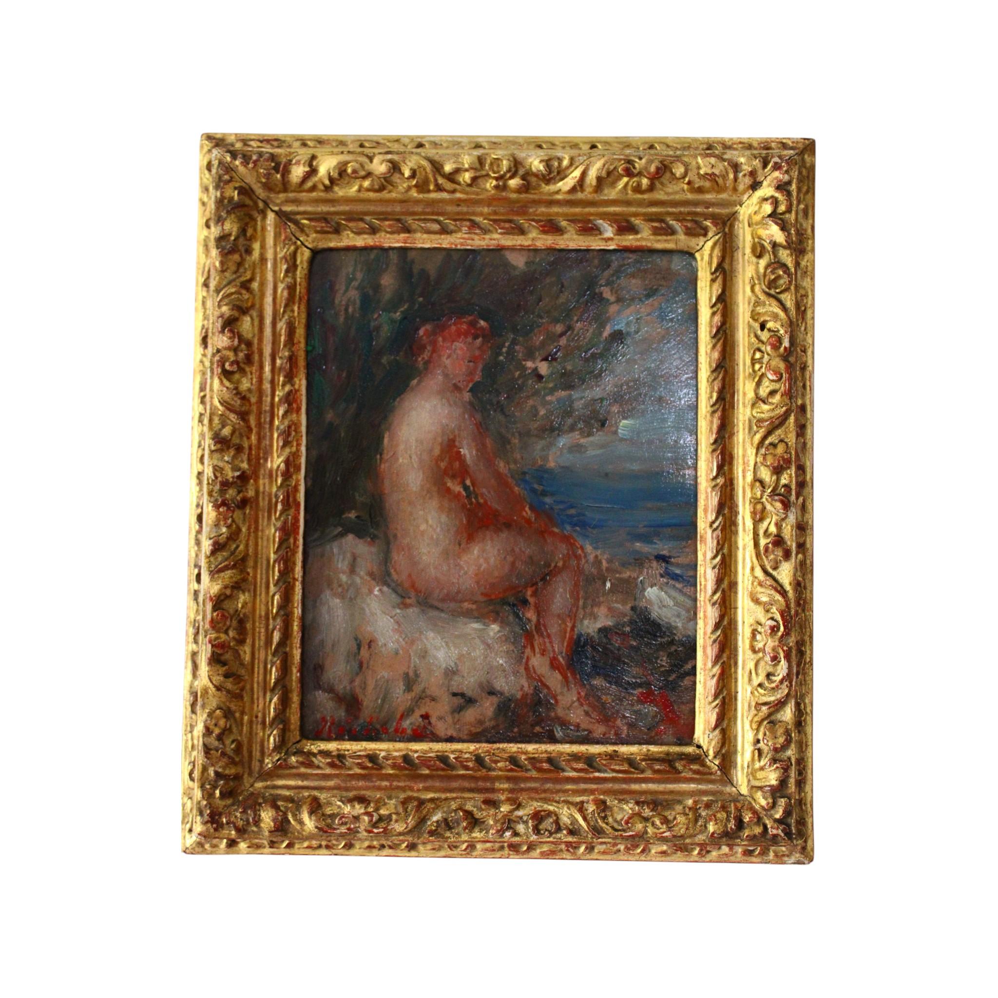 Peinture à l'huile impressionniste française de nu, figure féminine française au bord de la mer
