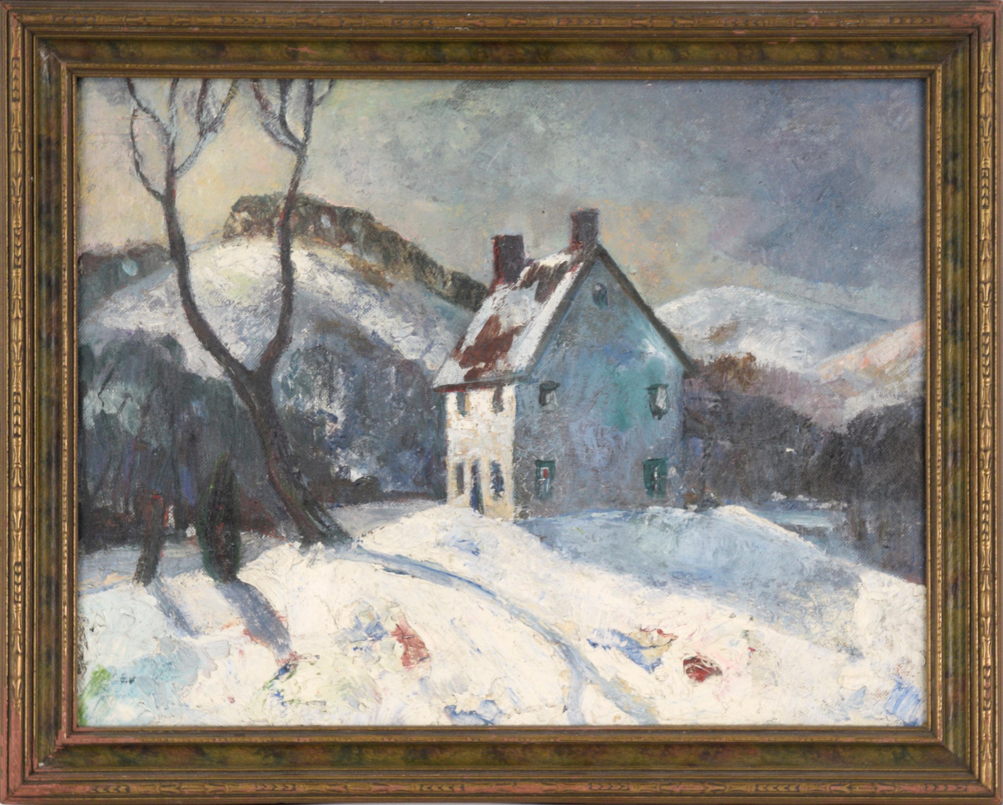 Horace Dearborn Shaw Landscape Painting - Melting Snow on the Cabin - Winter Landscape by Horace Shaw