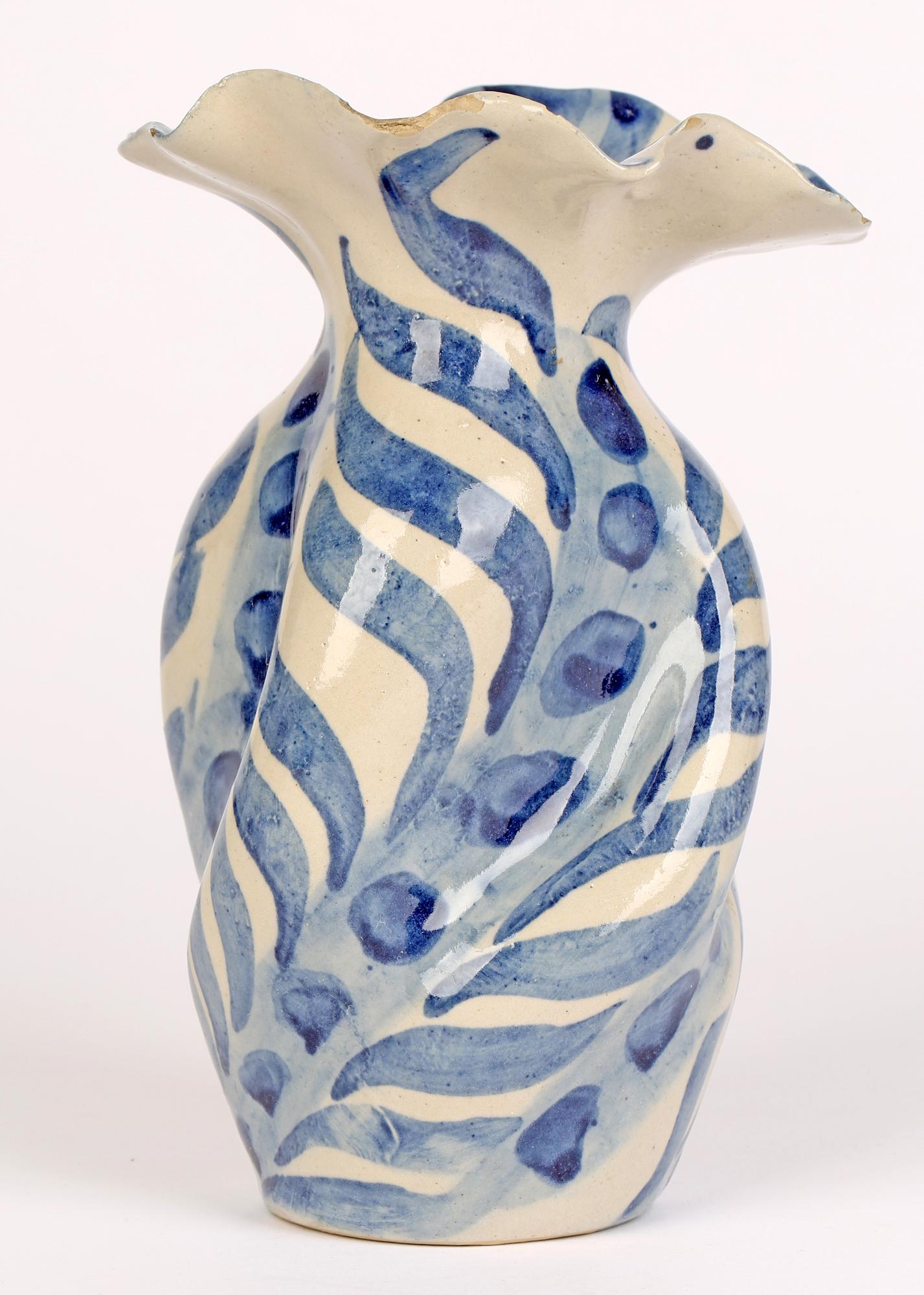 English Horace Elliott London Arts & Crafts Studio Pottery Blue Glazed Flower Vase  For Sale