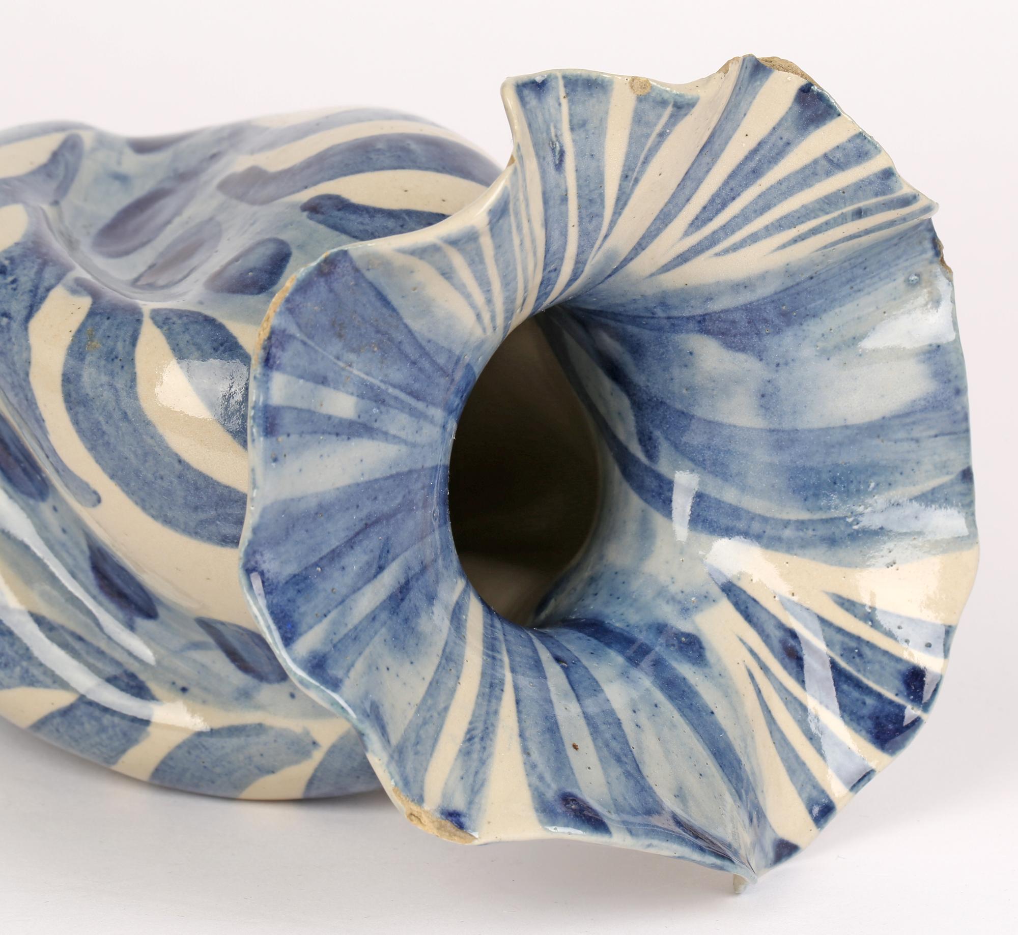 Hand-Painted Horace Elliott London Arts & Crafts Studio Pottery Blue Glazed Flower Vase  For Sale
