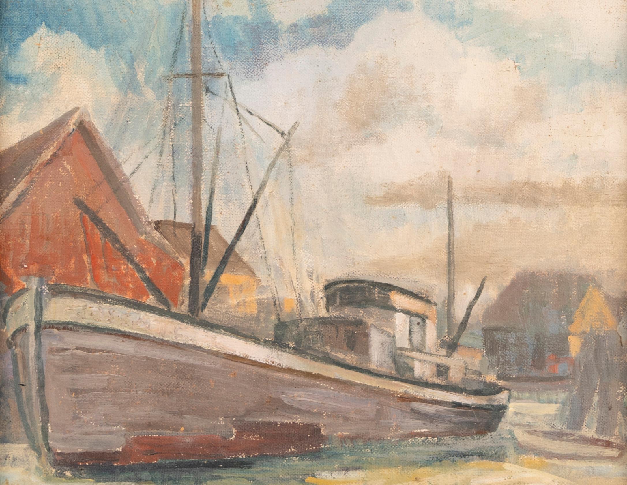 Antique American Impressionist Connecticut Coastal Boat Harbor Framed Painting - Brown Landscape Painting by Horace L. Shropshire, Jr.