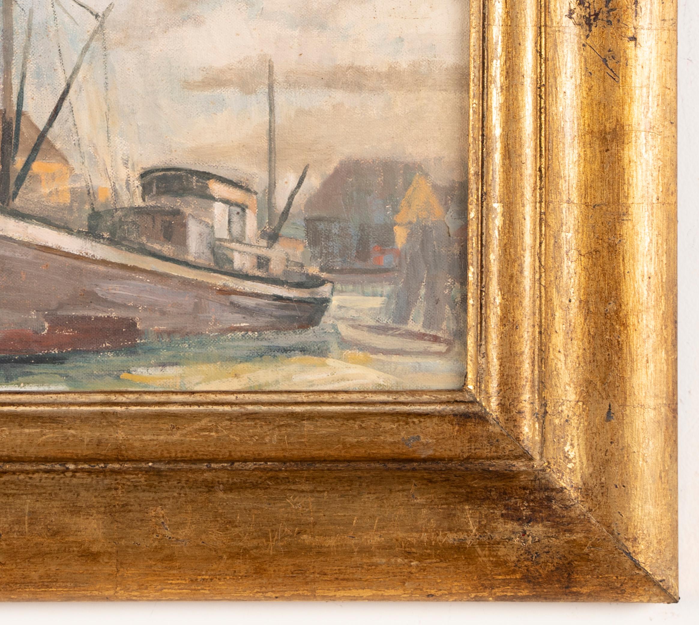 Antique American impressionist coastal seascape painting by Horace L. Shropshire, Jr. (1923 - 2010).  Oil on board, circa 1930.  Unsigned, estate stamp verso.  Image size, 10L x 8H.  Housed in a giltwood frame.
