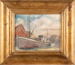 Antique American Impressionist Connecticut Coastal Boat Harbor Framed Painting
