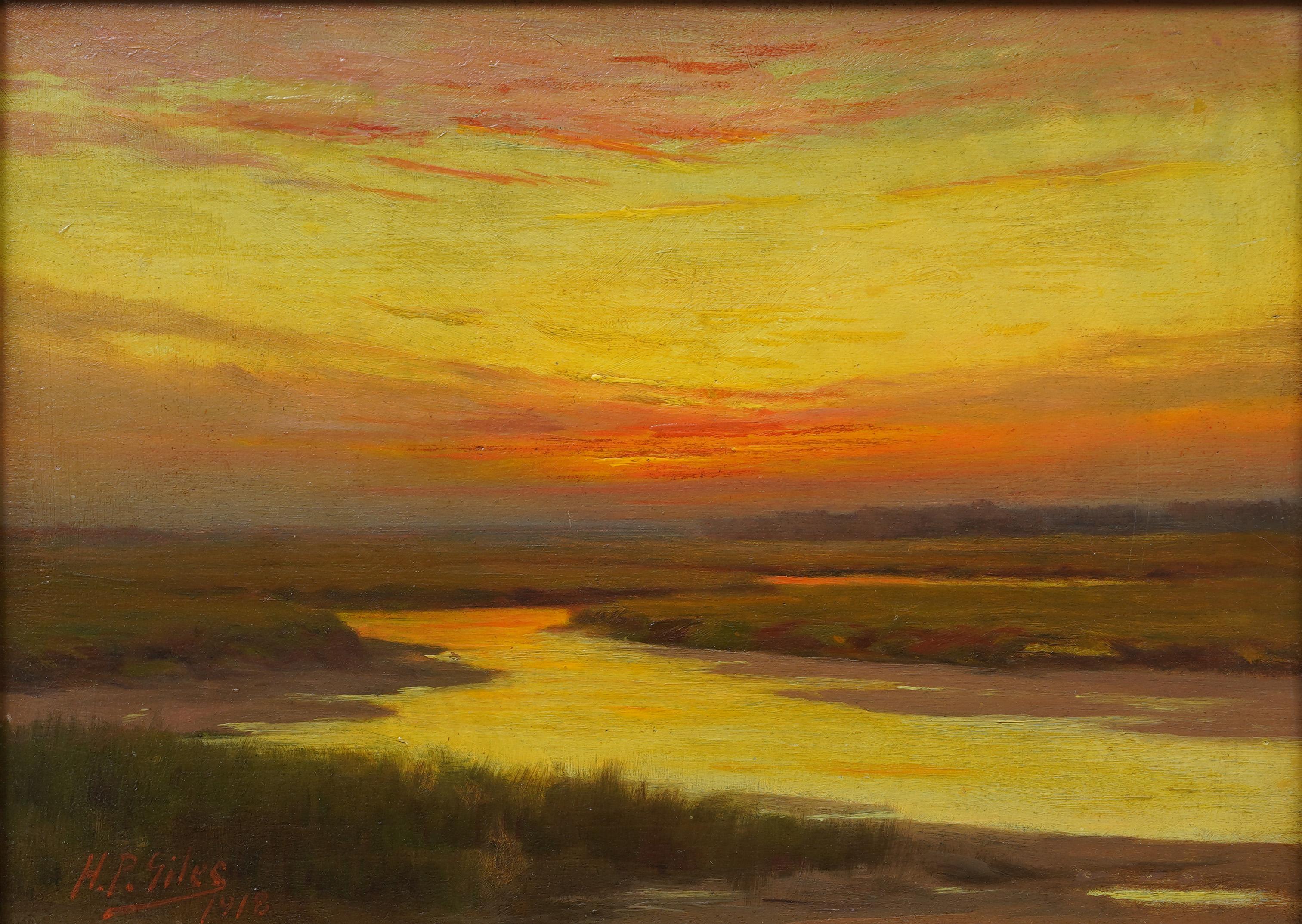 Painted in 1918 by Horace P. Giles (1850–1937), this luminous oil landscape captures a tranquil marsh at sunset, where a winding river reflects the golden light of the sky. Giles, a Mississippi-born painter active primarily in New England, was known