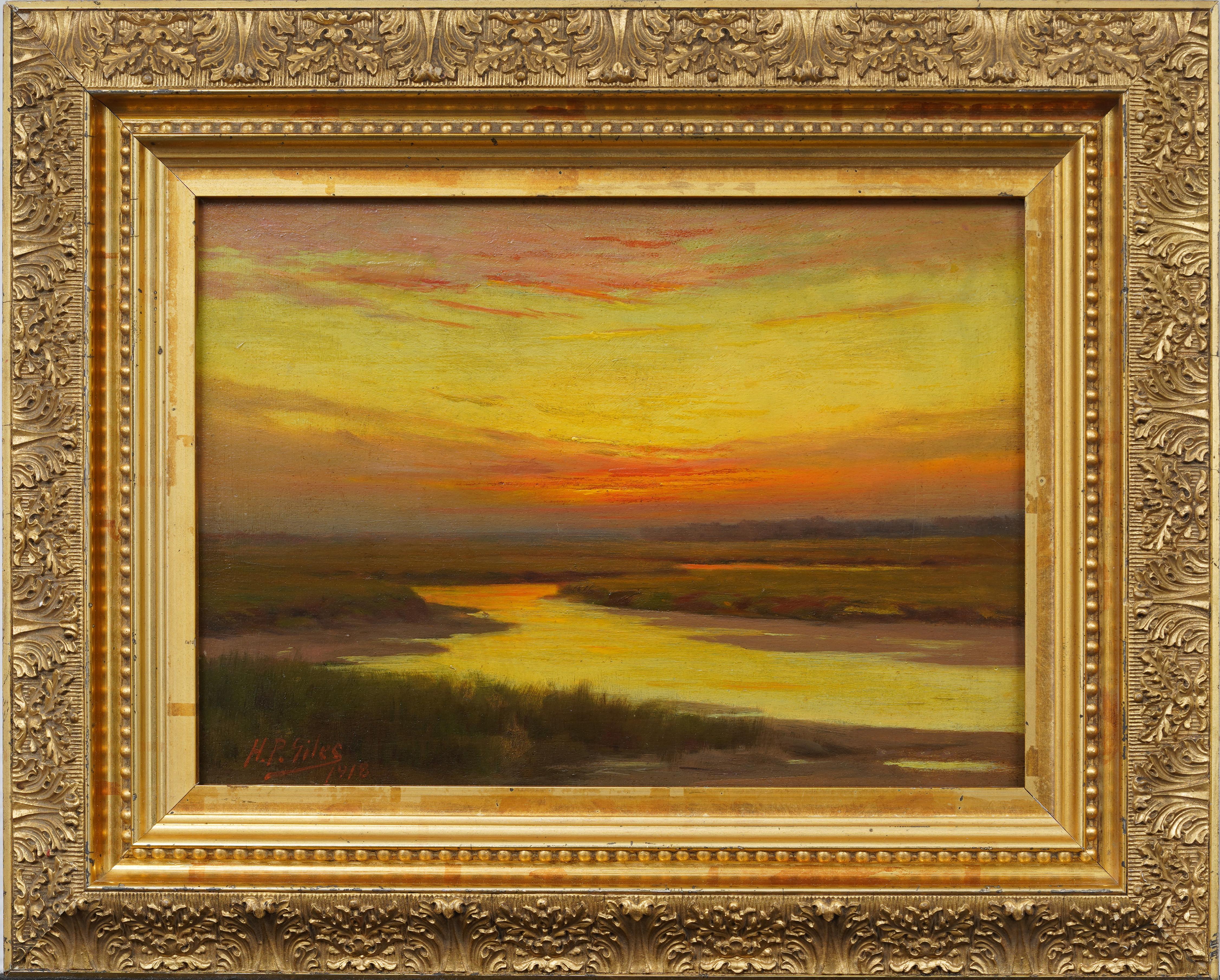 Horace P. Giles Landscape Painting - "Blazing Sunset over Marsh" Antique American Hudson River School Oil Painting