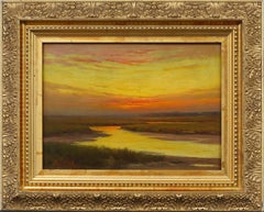"Coucher de soleil sur le marais" Peinture à l'huile ancienne de l'école de l'Hudson River