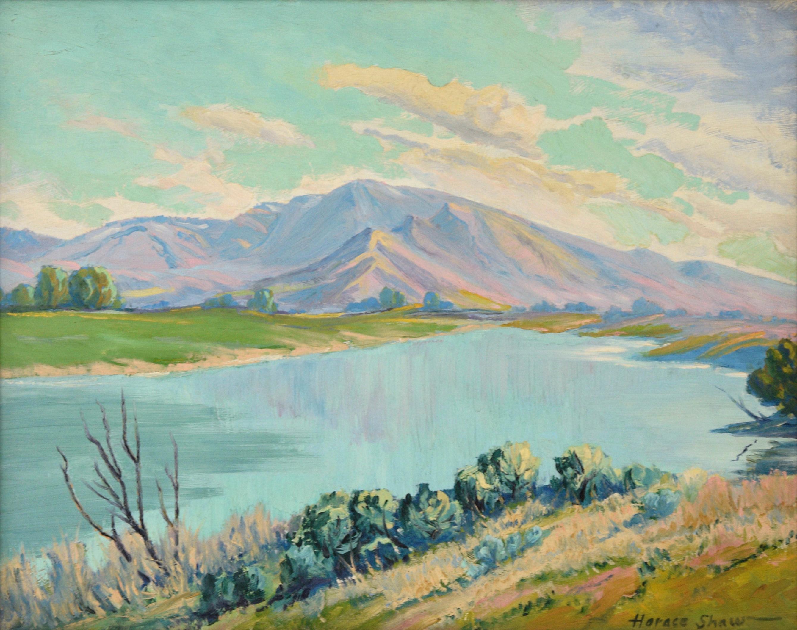 Glassy Lake and Purple Mountain Landscape - Painting by Horace Shaw