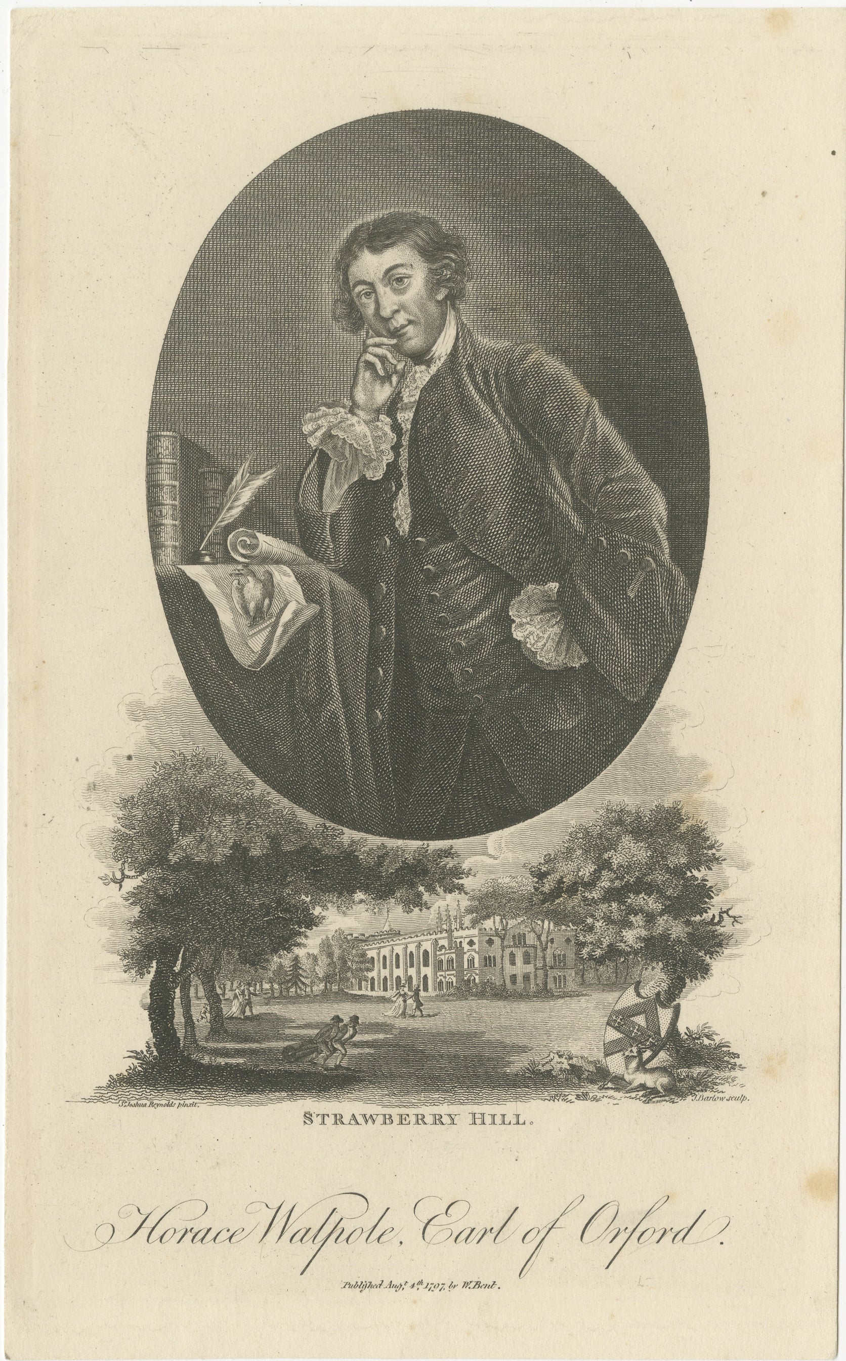 Horace Walpole Portrait - Strawberry Hill Engraving after Reynolds, 1787