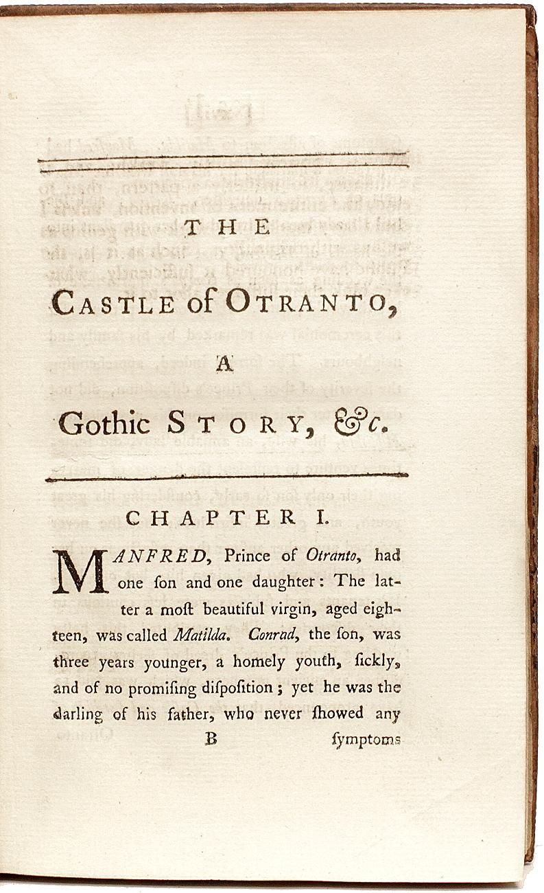 Author: WALPOLE, Horace. 

Title: The Castle Of Otranto, A Gothic Story.

Publisher: London: for William Bathoe and Thomas Lownds, 1765.

Description: second edition. 1 vol., 7